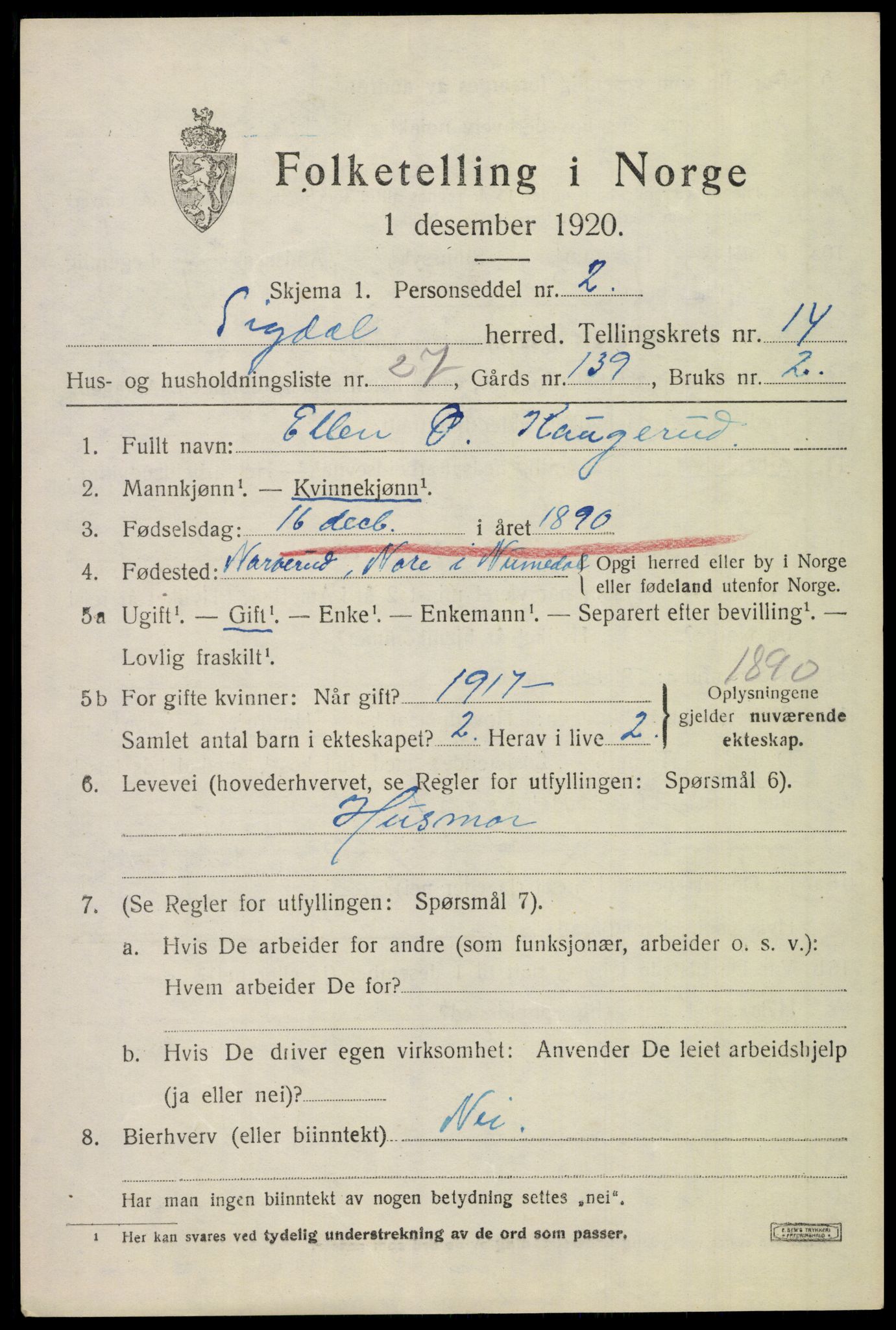 SAKO, 1920 census for Sigdal, 1920, p. 8902