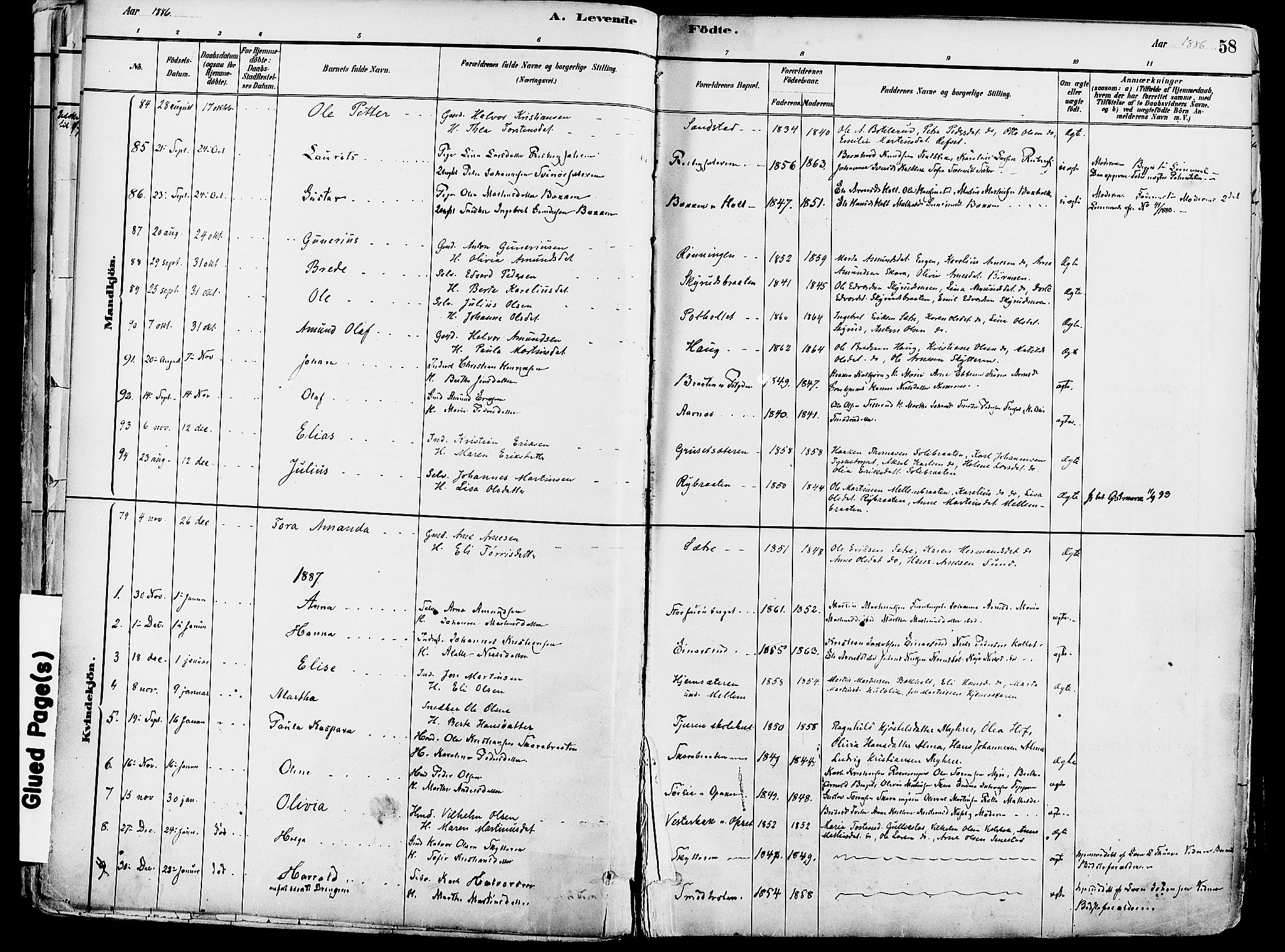 Grue prestekontor, SAH/PREST-036/H/Ha/Haa/L0012: Parish register (official) no. 12, 1881-1897, p. 58