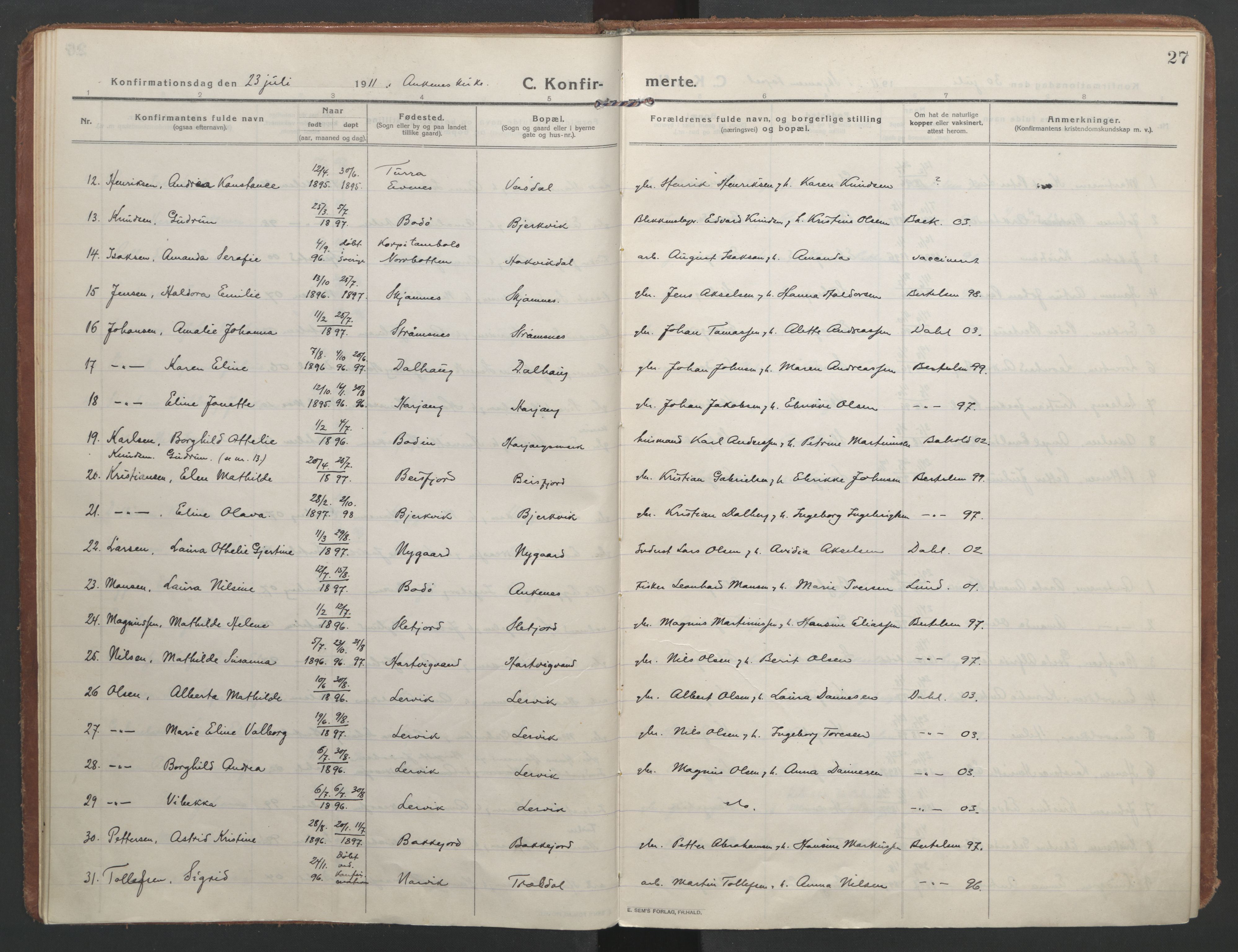 Ministerialprotokoller, klokkerbøker og fødselsregistre - Nordland, SAT/A-1459/866/L0944: Parish register (official) no. 866A07, 1906-1926, p. 27