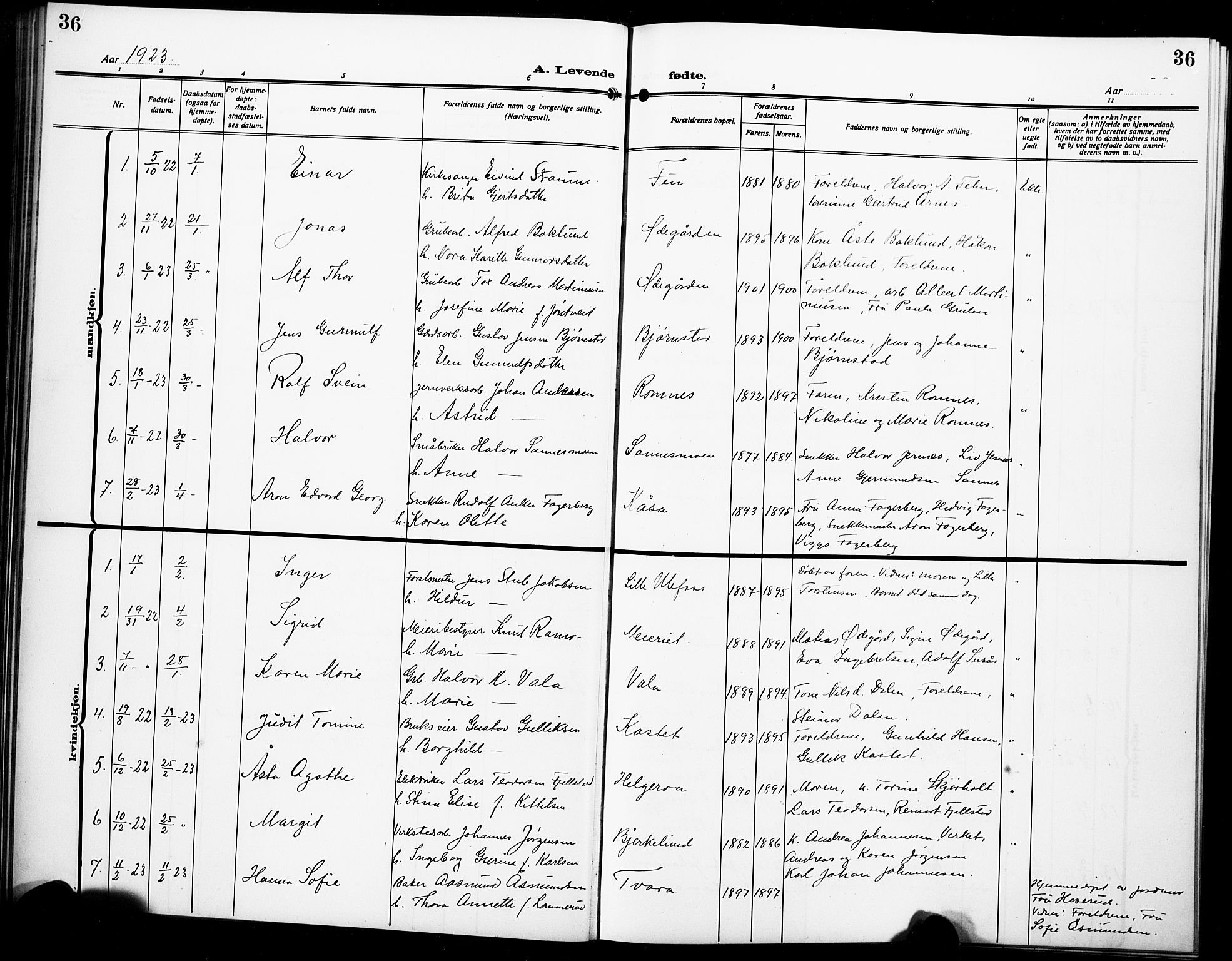 Holla kirkebøker, SAKO/A-272/G/Ga/L0006: Parish register (copy) no. I 6, 1917-1928, p. 36