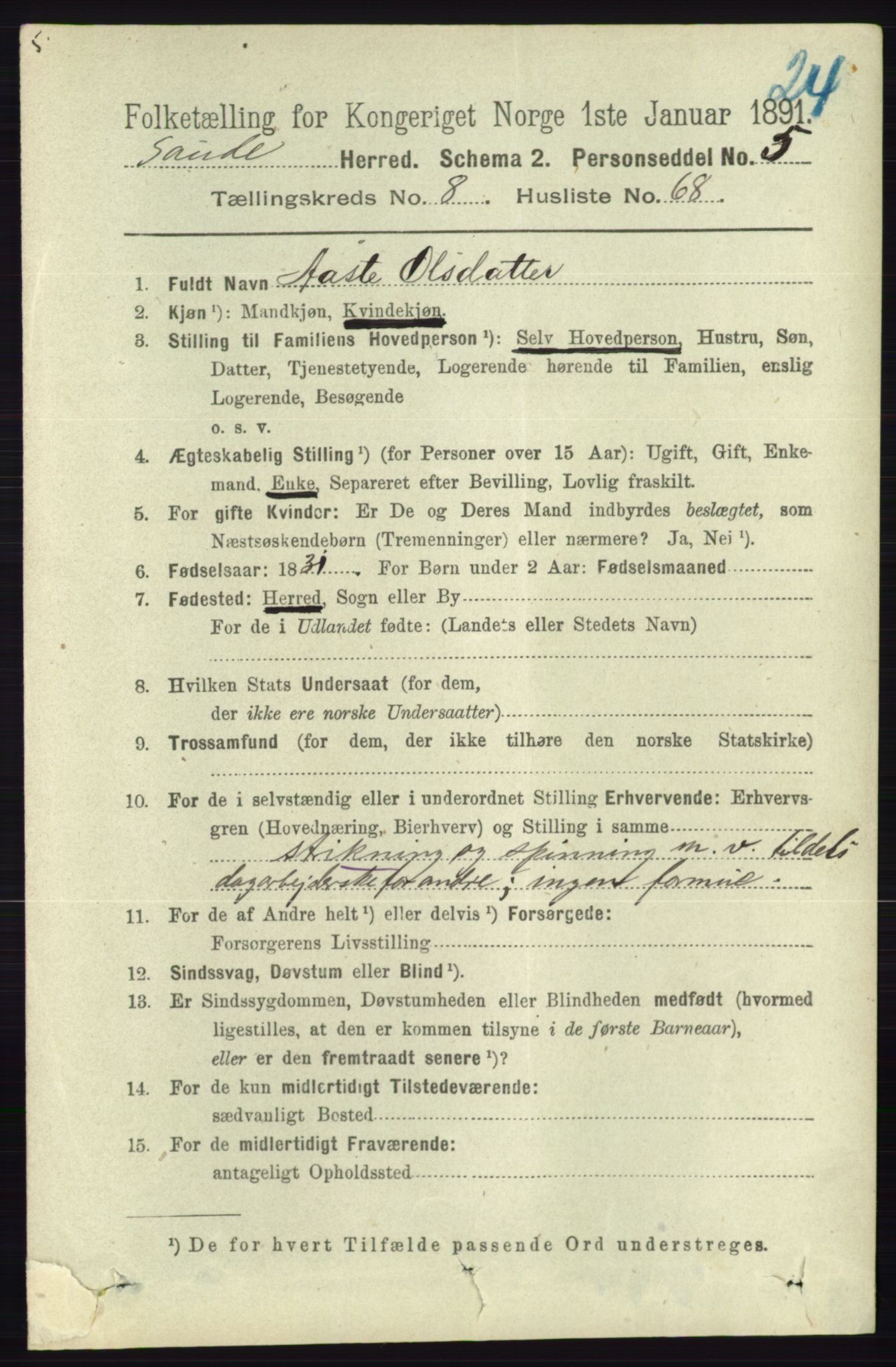 RA, 1891 census for 0822 Sauherad, 1891, p. 2655