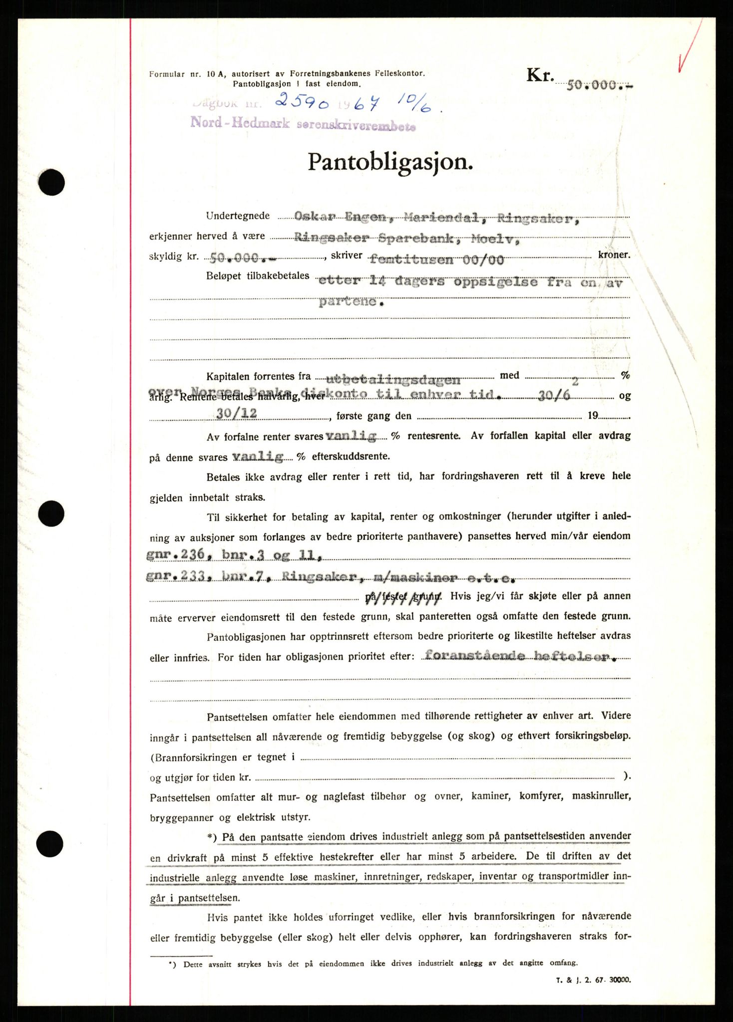 Nord-Hedmark sorenskriveri, SAH/TING-012/H/Hb/Hbf/L0071: Mortgage book no. B71, 1967-1967, Diary no: : 2590/1967