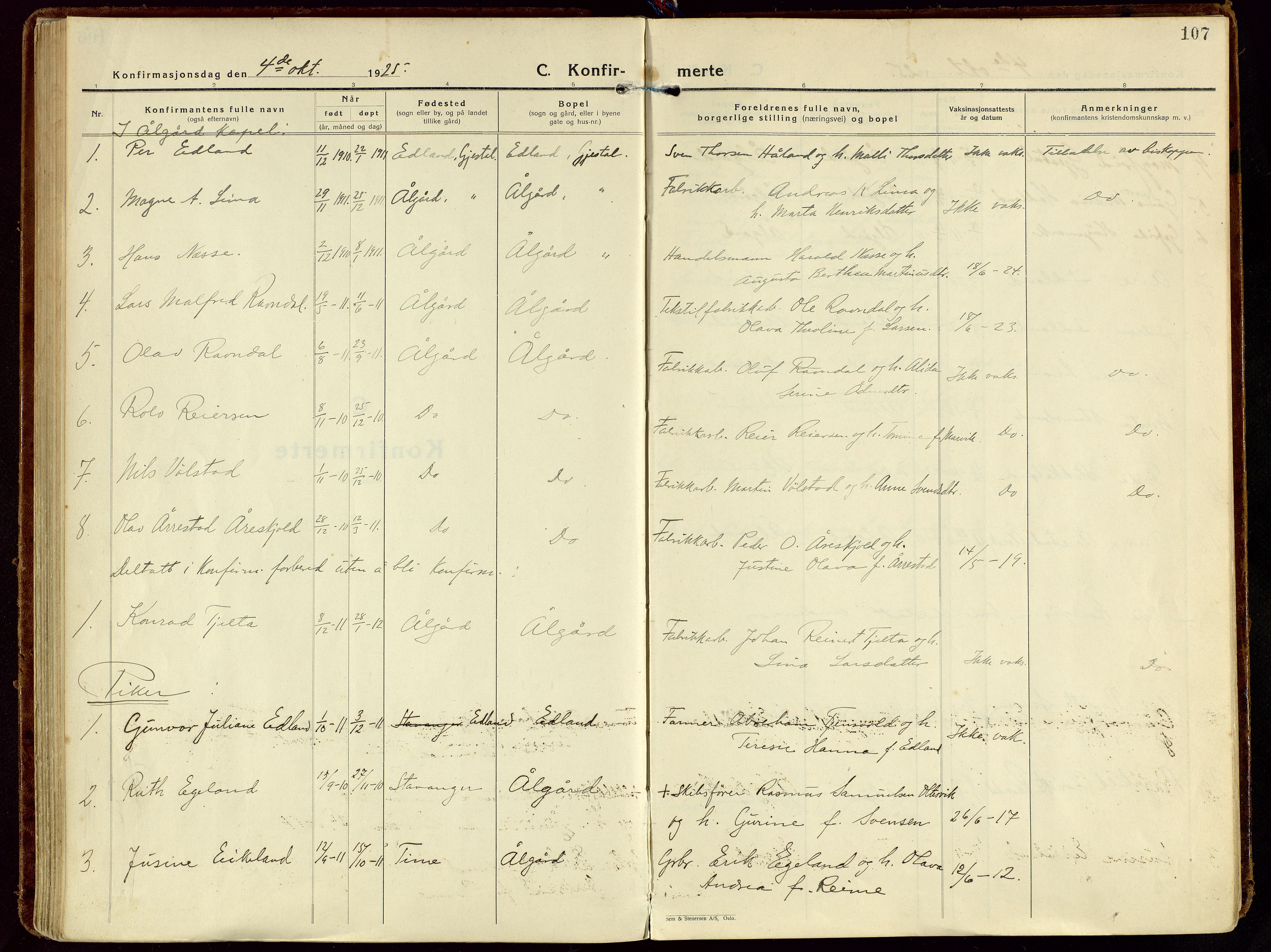 Gjesdal sokneprestkontor, SAST/A-101796/003/O/L0001: Parish register (official) no. A 1, 1925-1949, p. 107