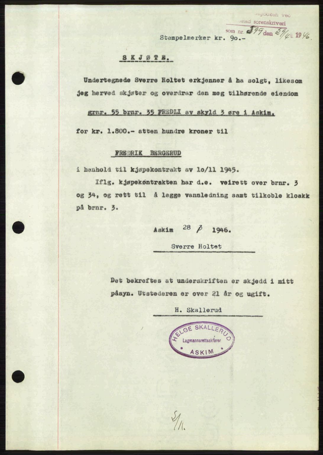 Rakkestad sorenskriveri, AV/SAO-A-10686/G/Gb/Gba/Gbab/L0012a: Mortgage book no. A12 I, 1945-1946, Diary no: : 599/1946