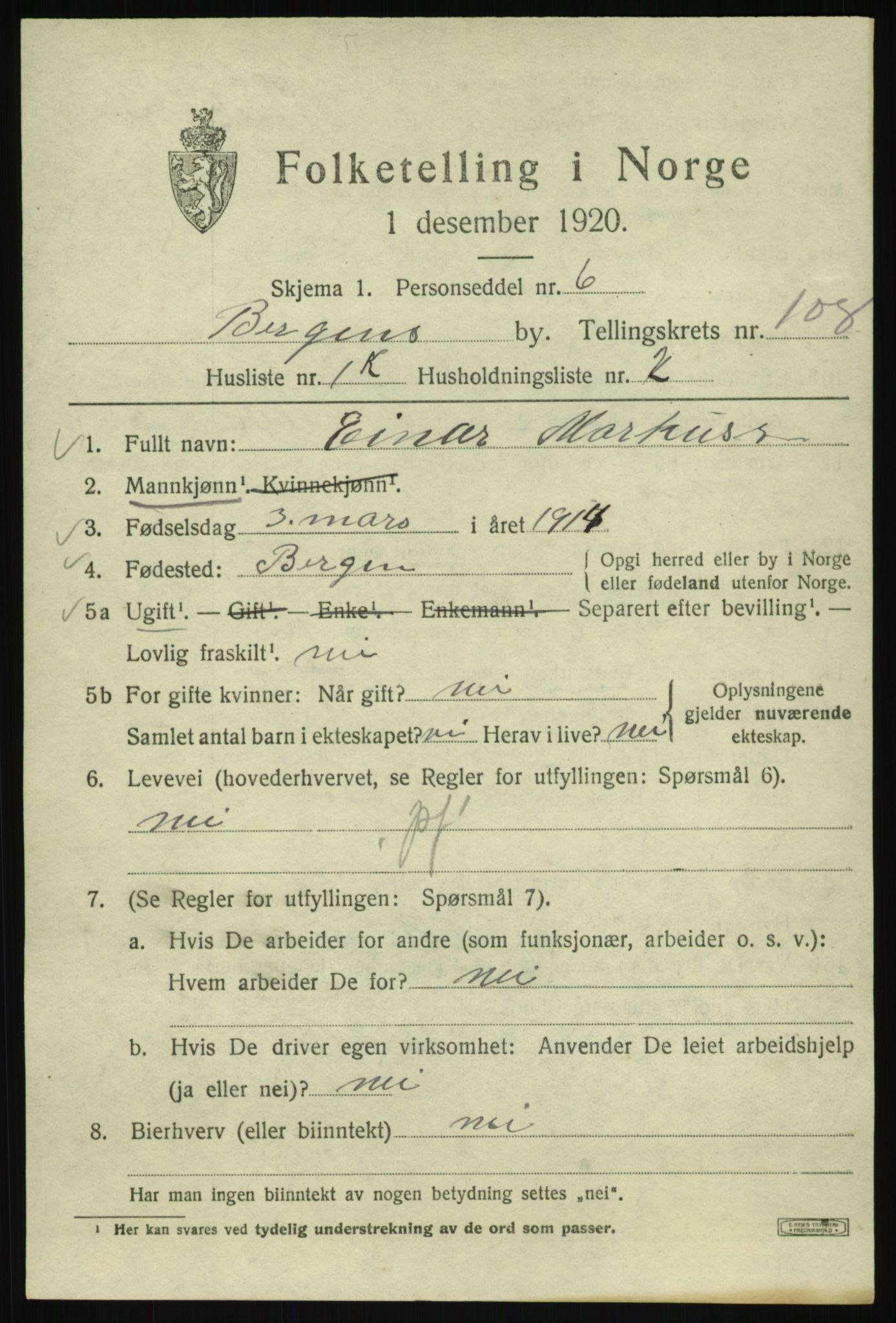 SAB, 1920 census for Bergen, 1920, p. 187136