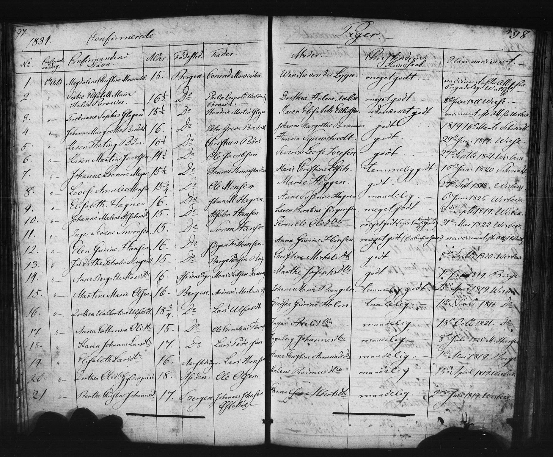 Domkirken sokneprestembete, AV/SAB-A-74801/H/Haa/L0063: Curate's parish register no. A 1, 1821-1848, p. 97-98