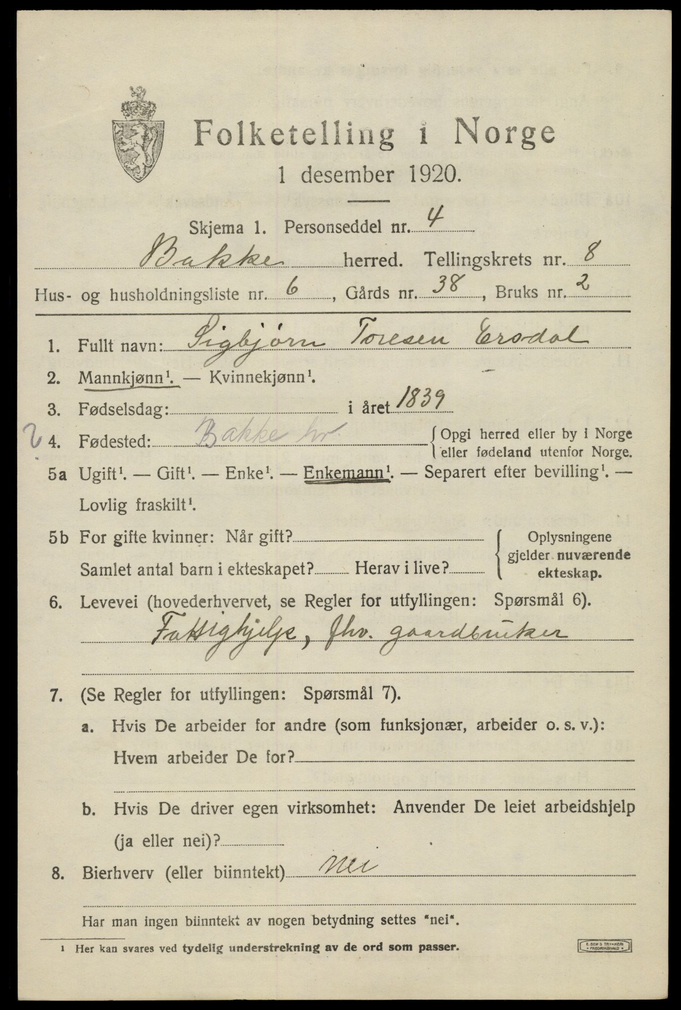 SAK, 1920 census for Bakke, 1920, p. 2460