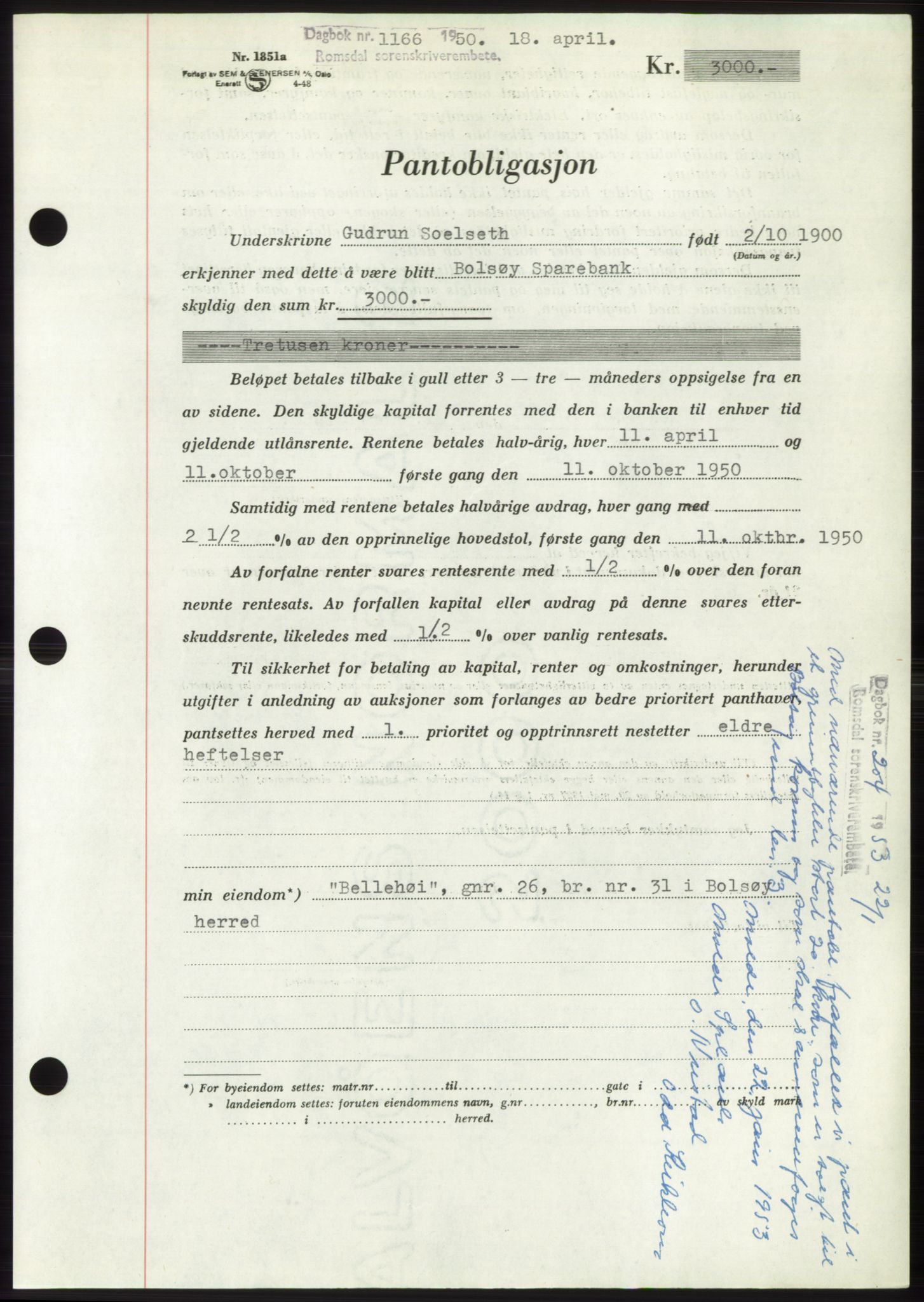 Romsdal sorenskriveri, AV/SAT-A-4149/1/2/2C: Mortgage book no. B5, 1949-1950, Diary no: : 1166/1950