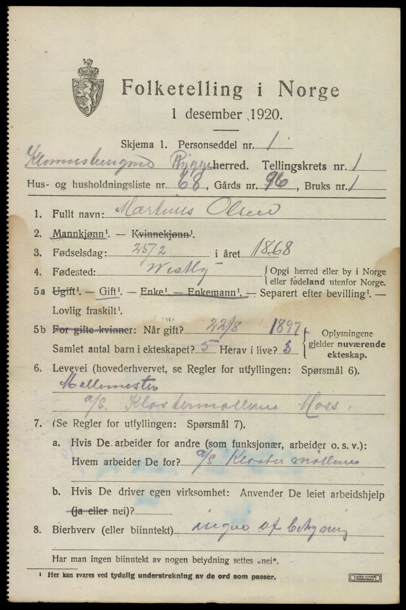 SAO, 1920 census for Rygge, 1920, p. 2943