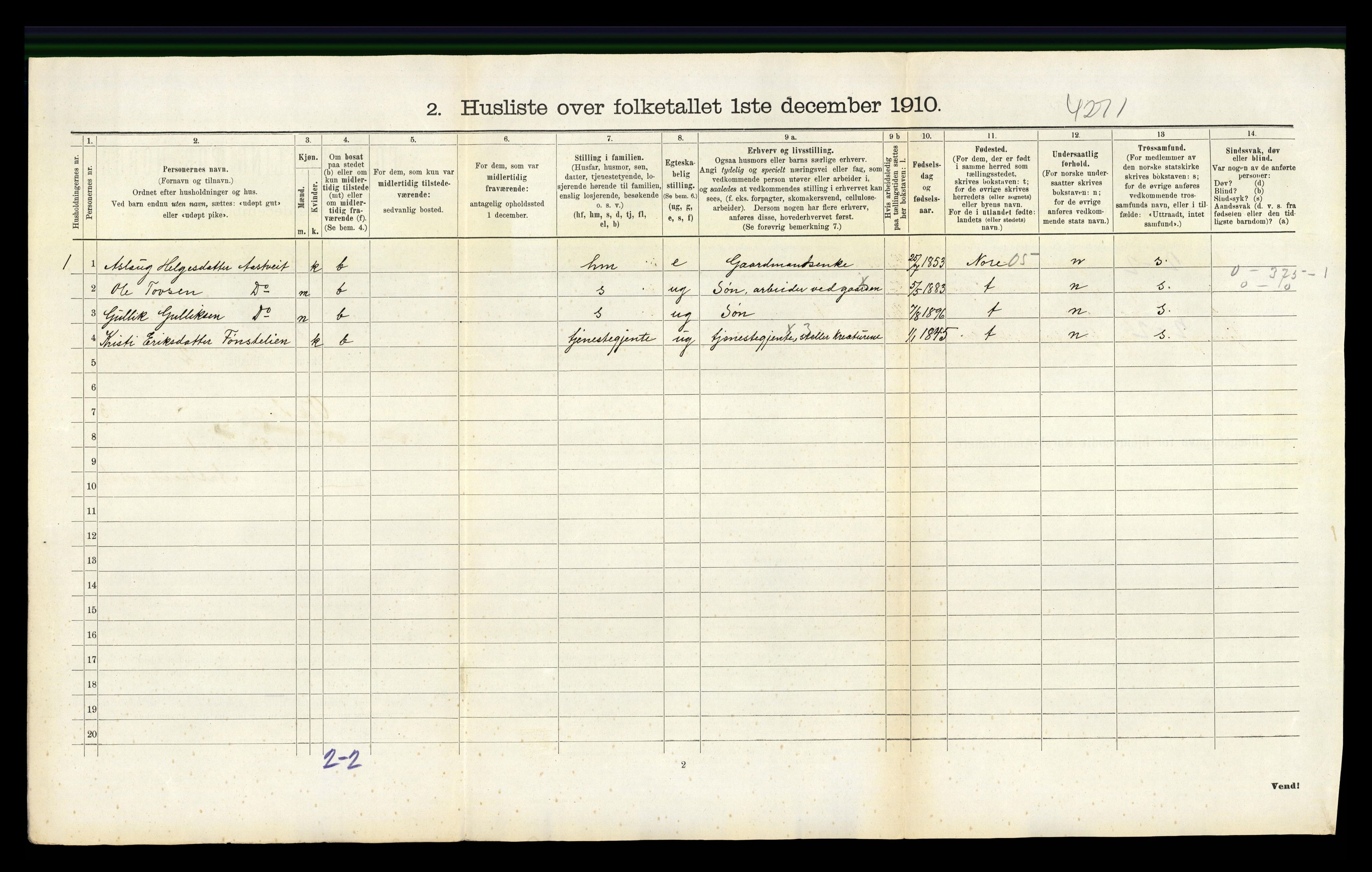 RA, 1910 census for Uvdal, 1910, p. 218