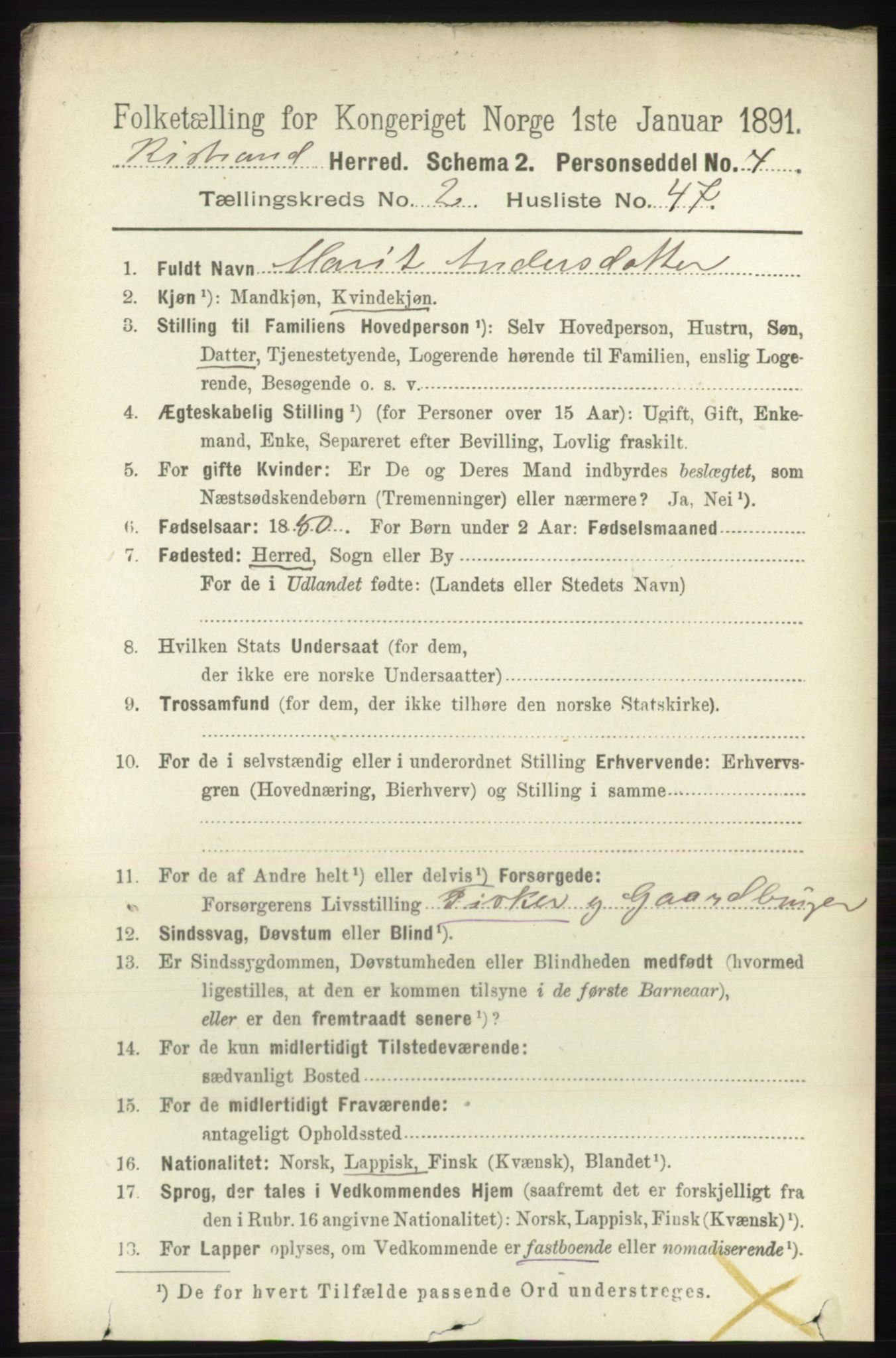 RA, 1891 census for 2020 Kistrand, 1891, p. 855