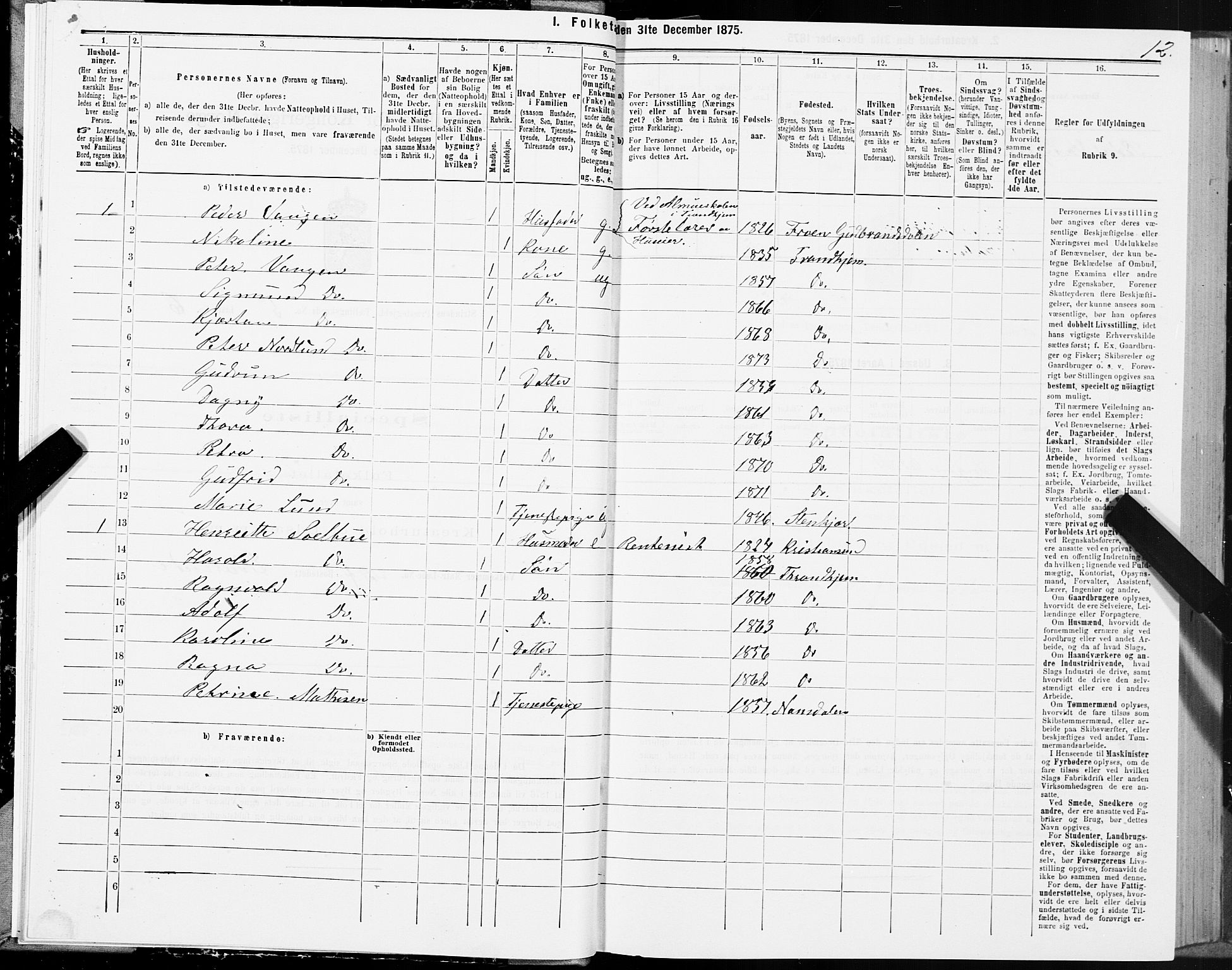 SAT, 1875 census for 1660P Strinda, 1875, p. 3012