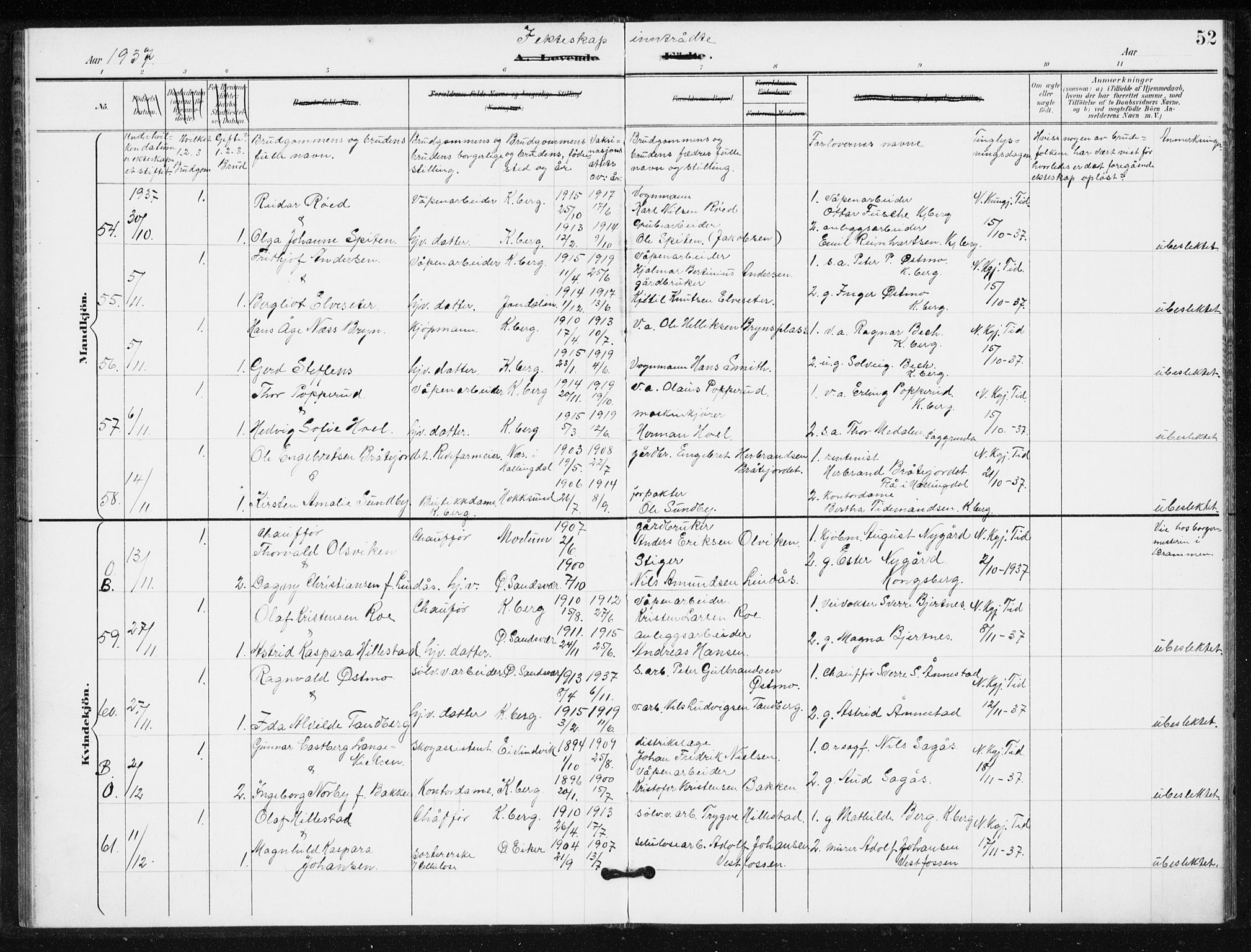 Kongsberg kirkebøker, AV/SAKO-A-22/G/Ga/L0009: Parish register (copy) no. 9, 1932-1938, p. 52