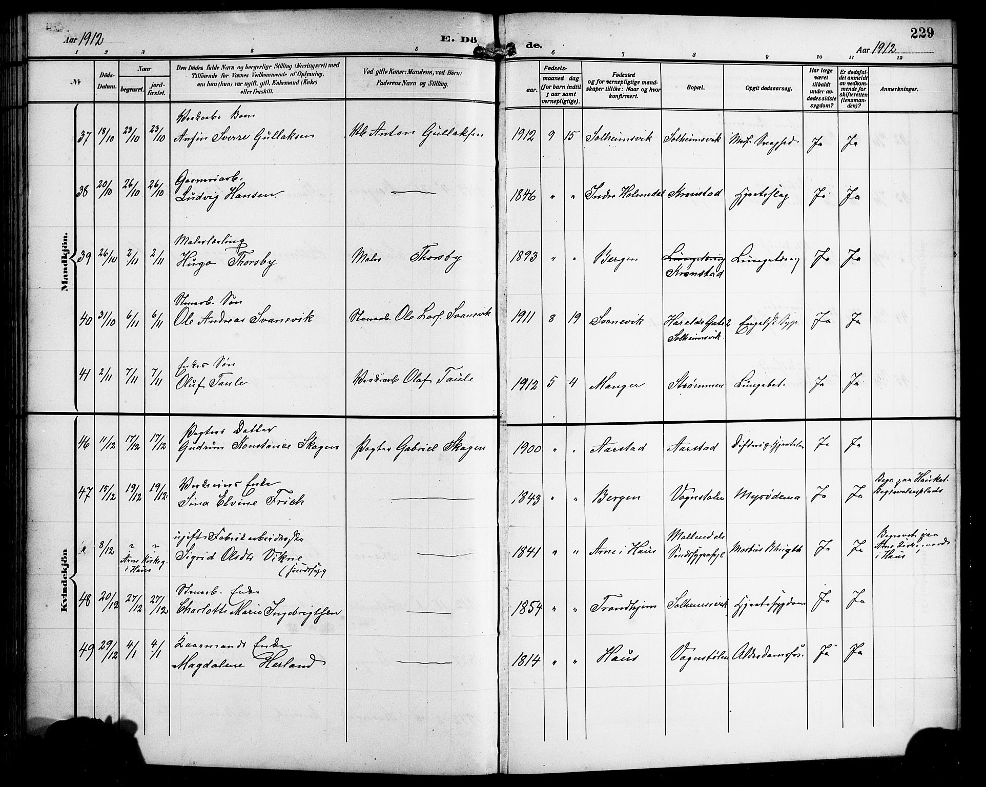 Årstad Sokneprestembete, AV/SAB-A-79301/H/Hab/L0018: Parish register (copy) no. C 1, 1902-1919, p. 229