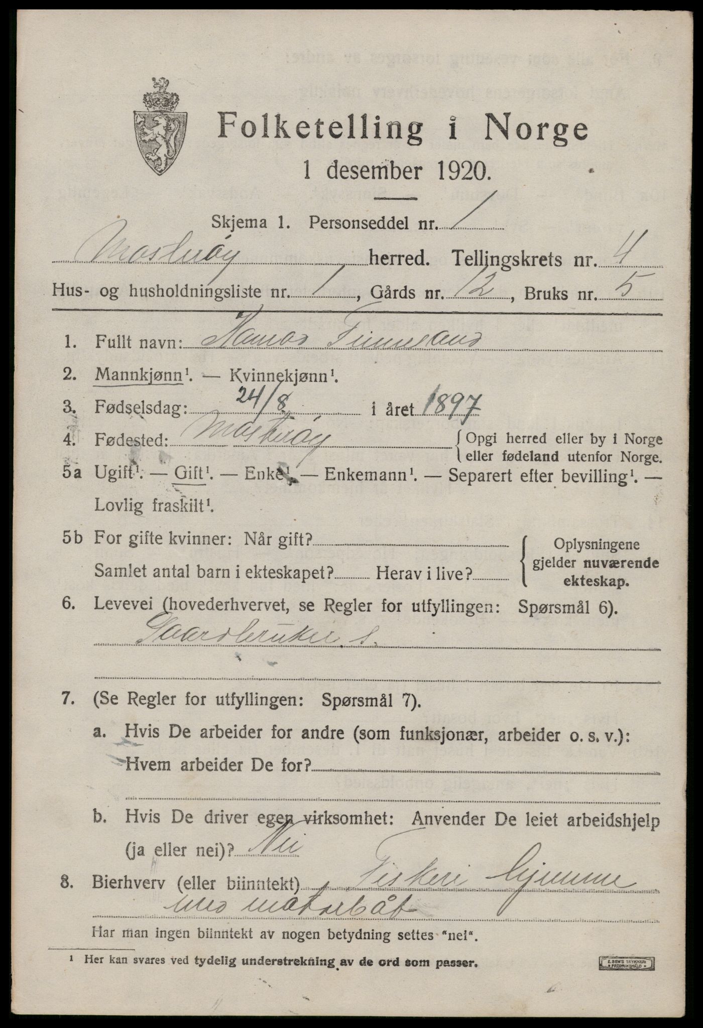 SAST, 1920 census for Mosterøy, 1920, p. 1626