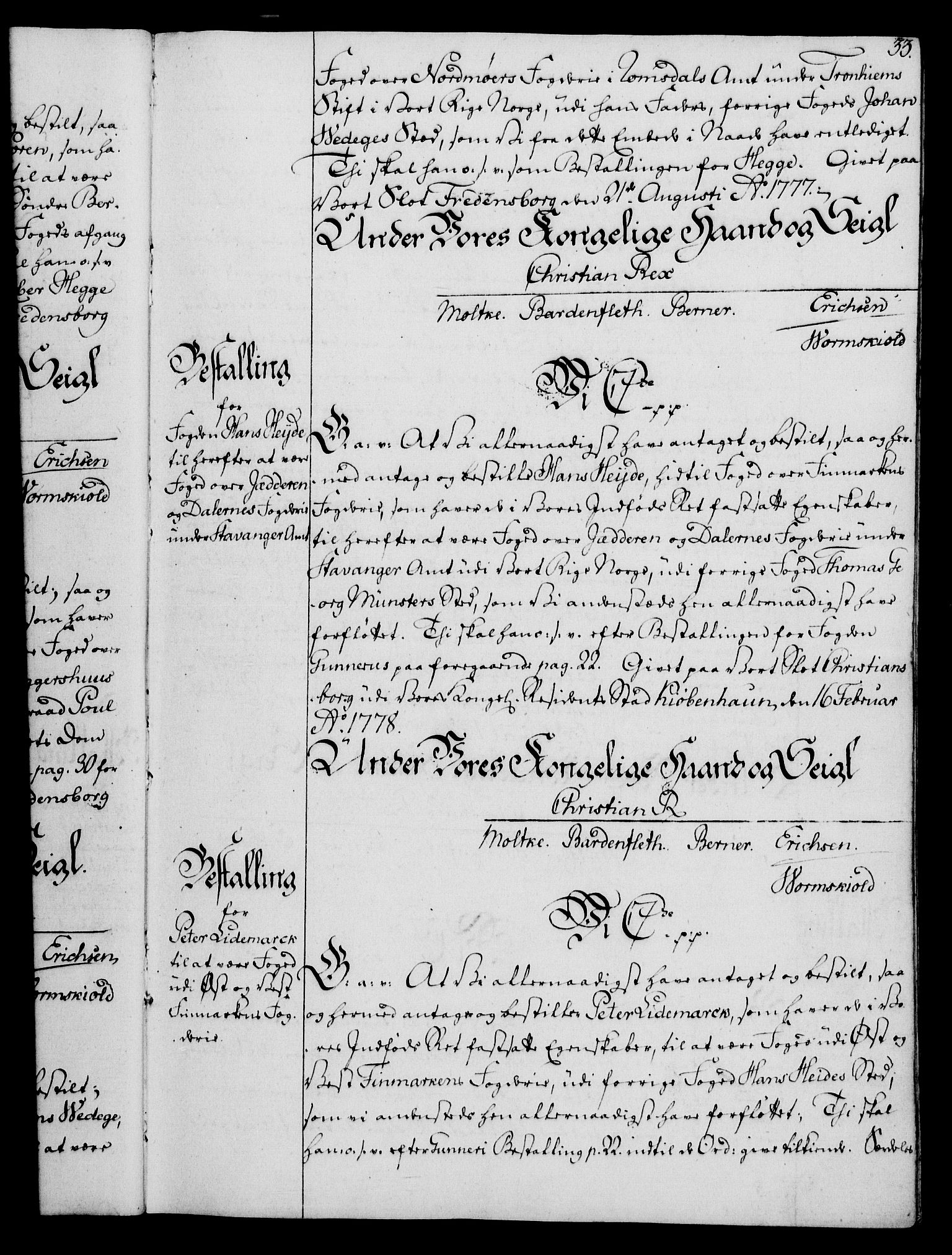 Rentekammeret, Kammerkanselliet, RA/EA-3111/G/Gg/Gge/L0006: Norsk bestallingsprotokoll med register (merket RK 53.30), 1773-1814, p. 33