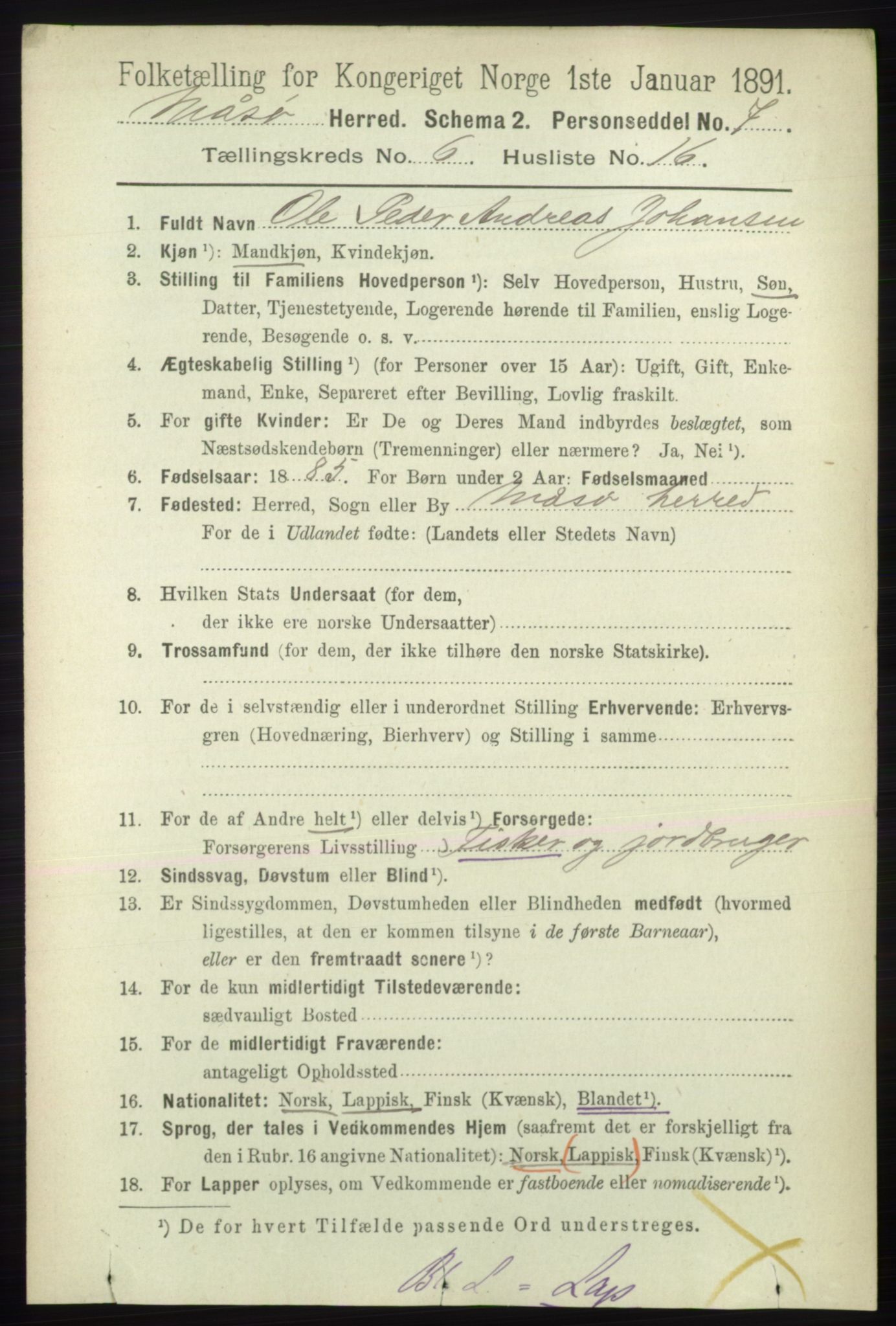 RA, 1891 census for 2018 Måsøy, 1891, p. 1224