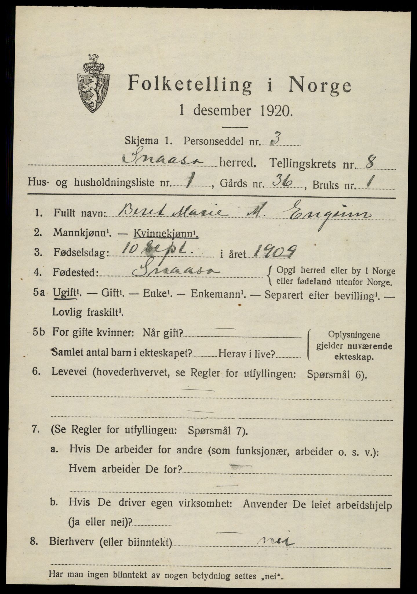 SAT, 1920 census for Snåsa, 1920, p. 3174