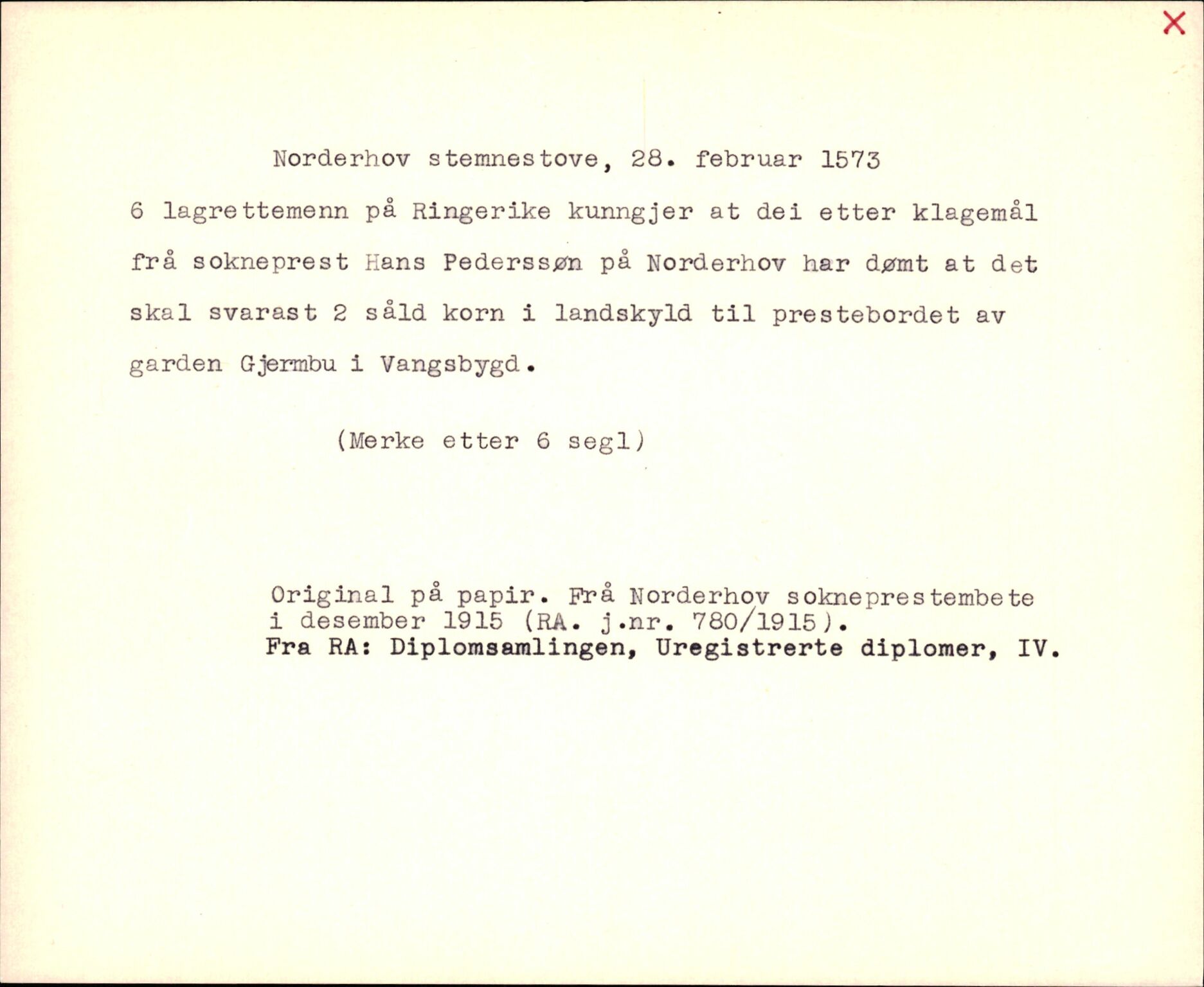 Riksarkivets diplomsamling, AV/RA-EA-5965/F35/F35k/L0002: Regestsedler: Prestearkiver fra Hedmark, Oppland, Buskerud og Vestfold, p. 263