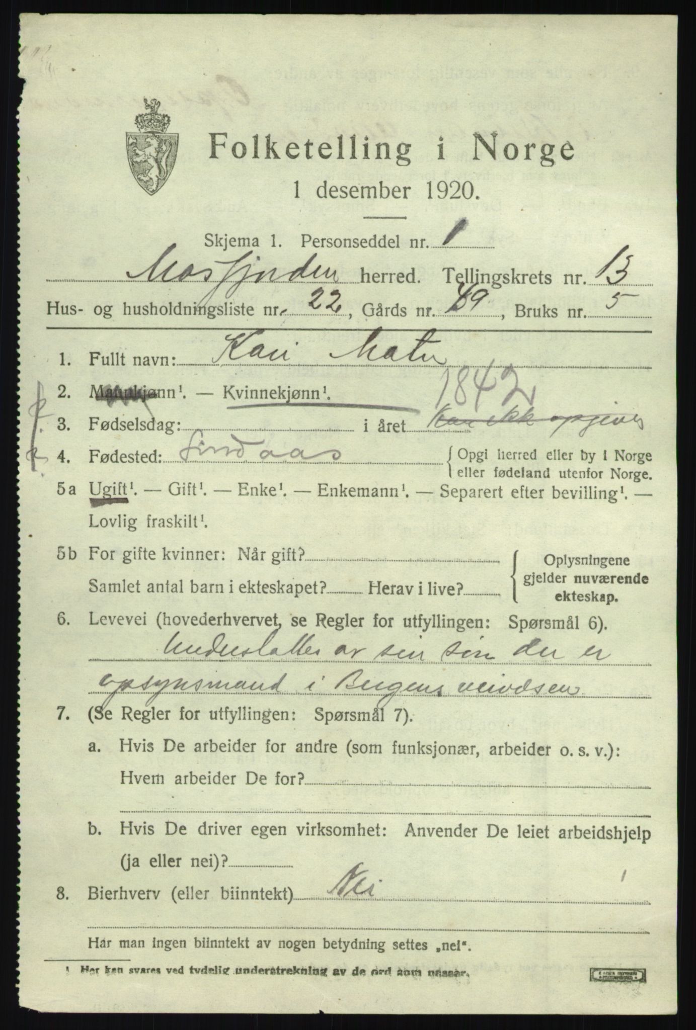 SAB, 1920 census for Masfjorden, 1920, p. 5099