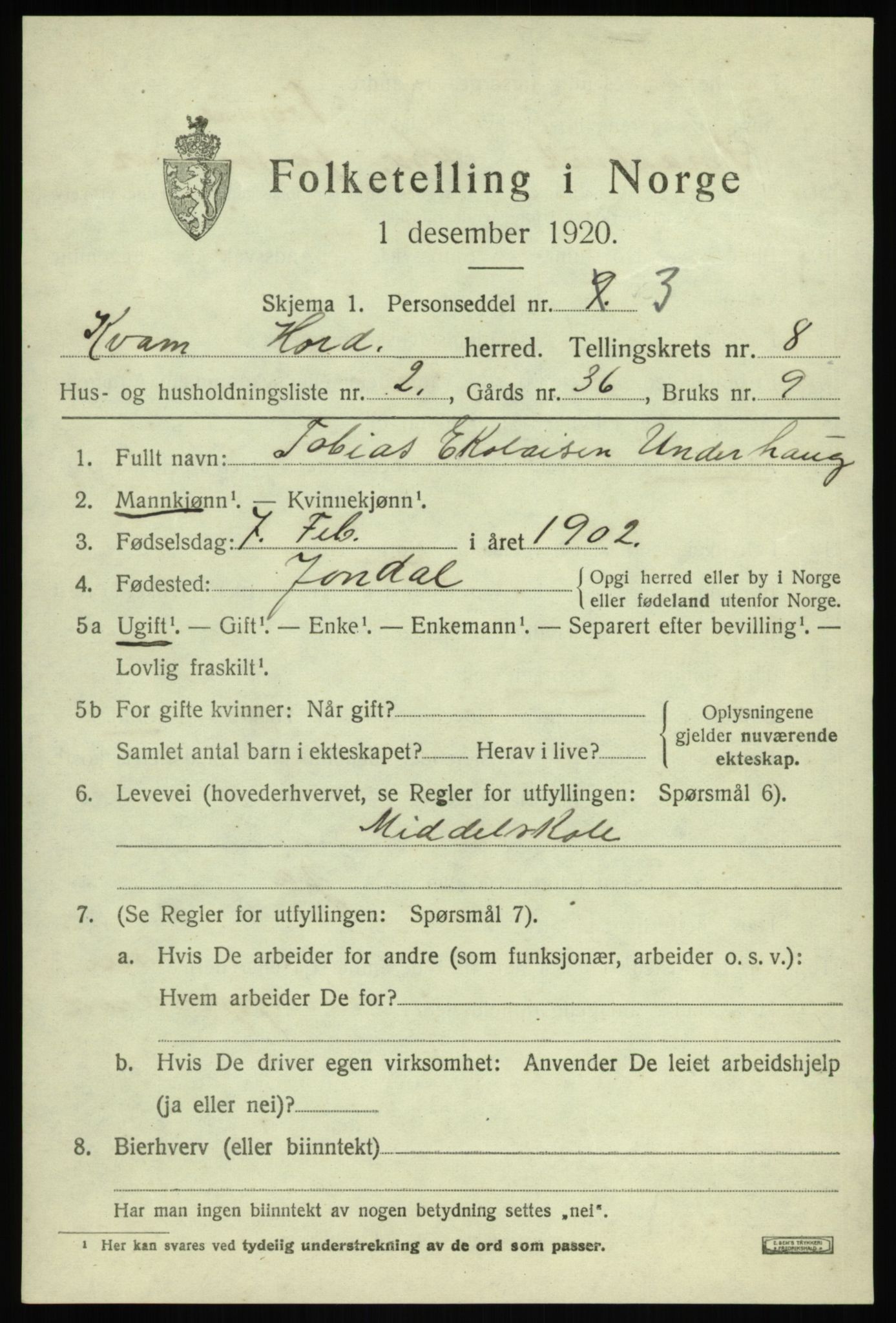 SAB, 1920 census for Kvam, 1920, p. 5179