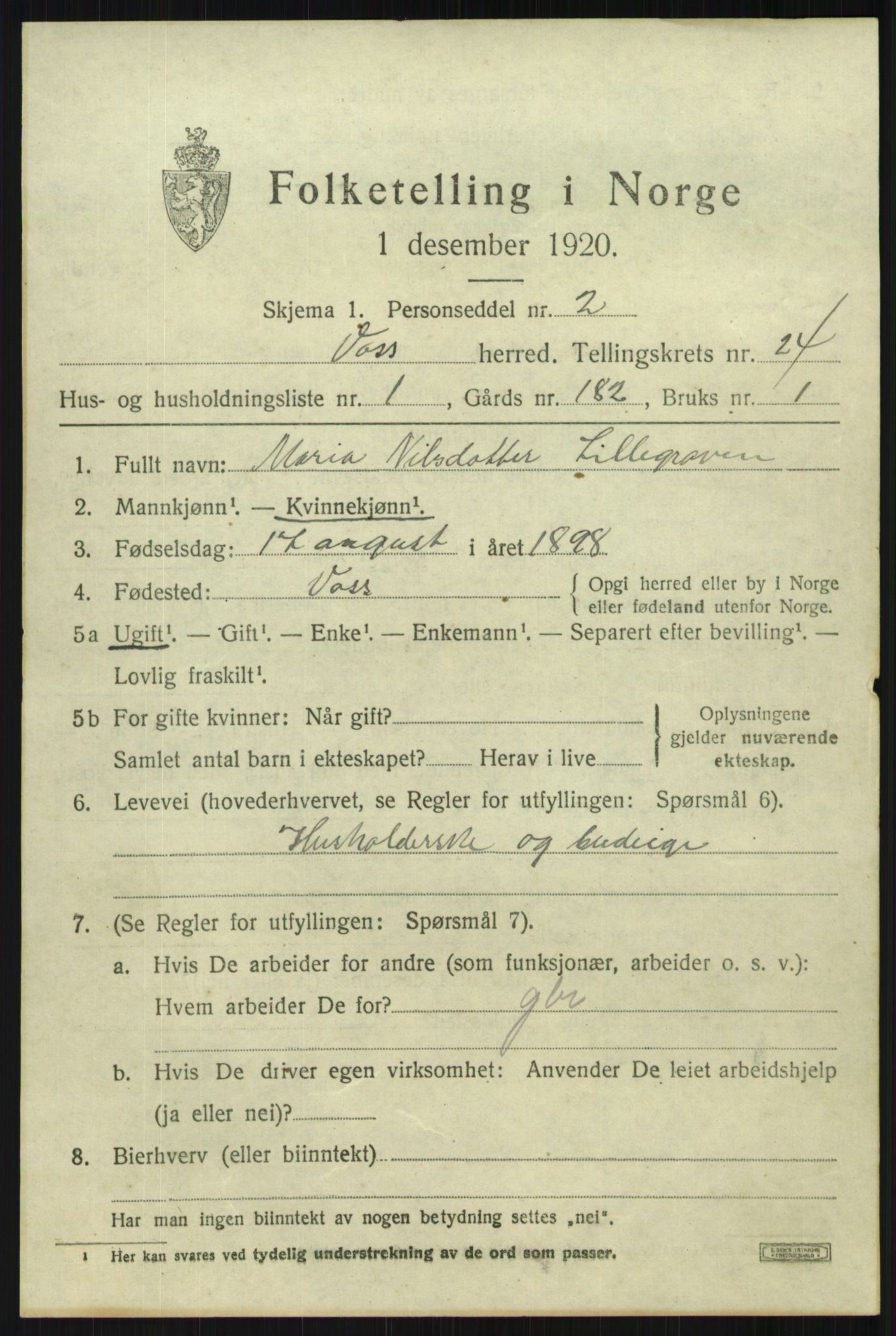 SAB, 1920 census for Voss, 1920, p. 16055