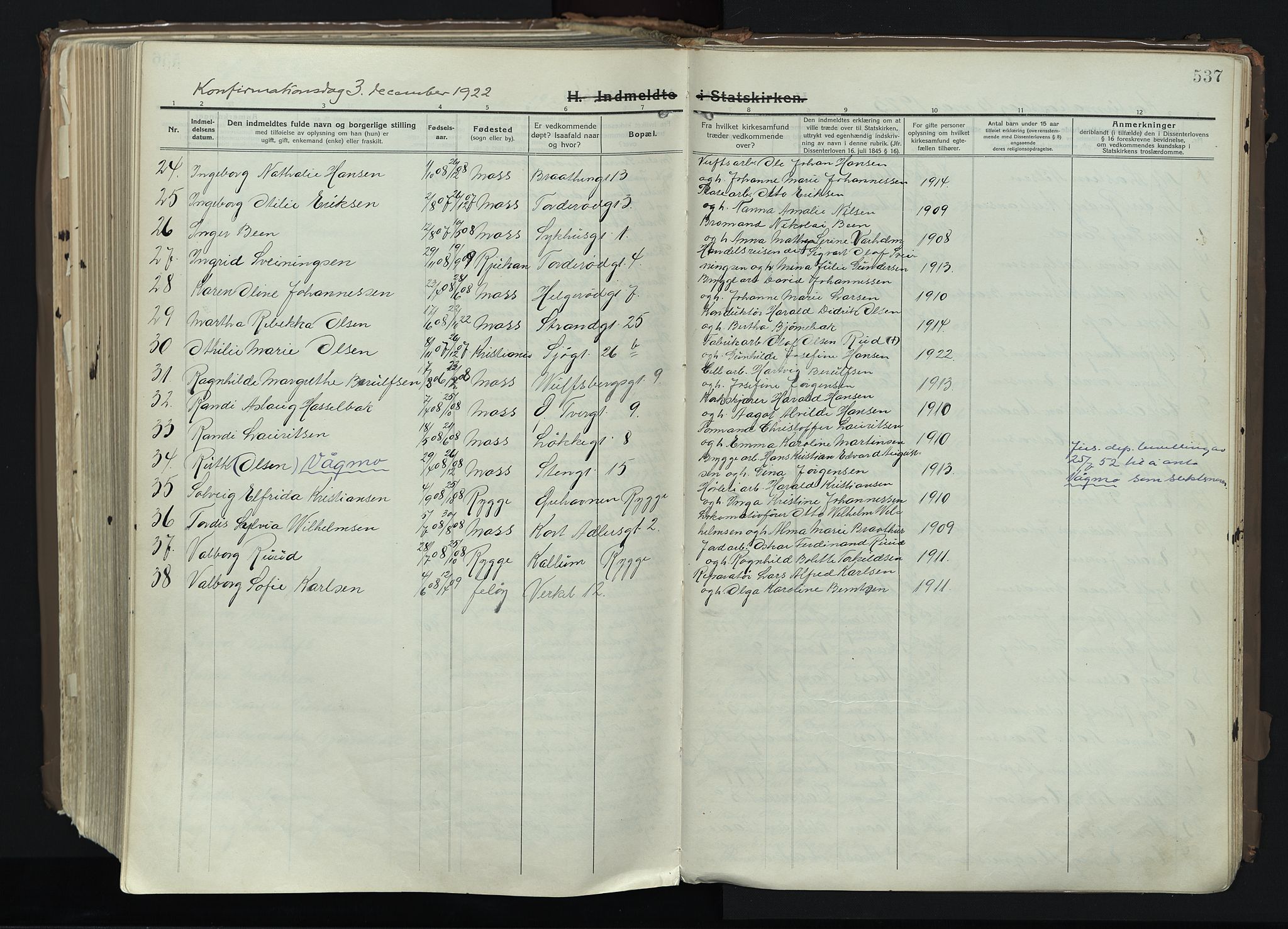 Moss prestekontor Kirkebøker, AV/SAO-A-2003/F/Fb/L0005: Parish register (official) no. II 5, 1913-1923, p. 537