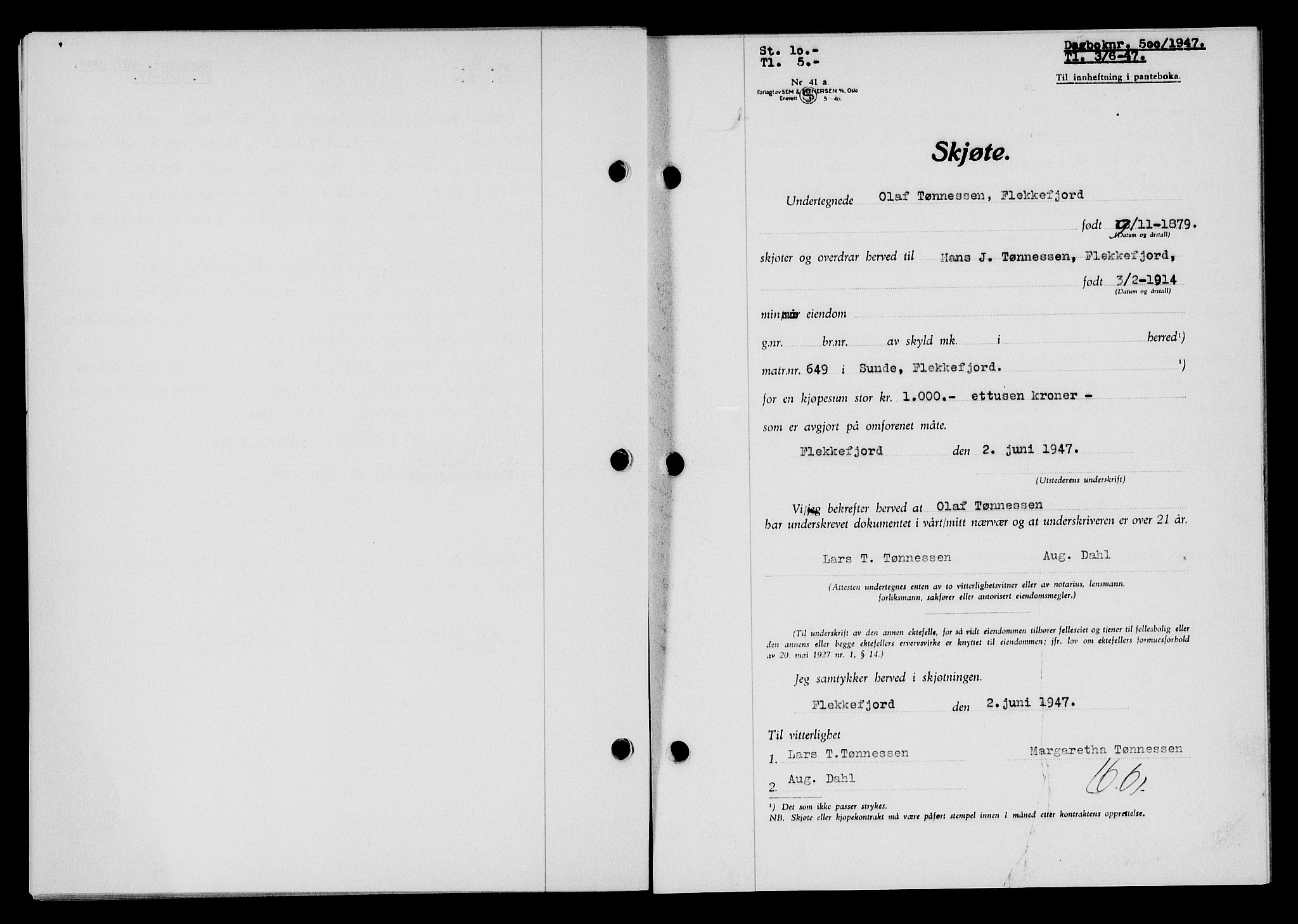 Flekkefjord sorenskriveri, SAK/1221-0001/G/Gb/Gba/L0062: Mortgage book no. A-10, 1947-1947, Diary no: : 500/1947