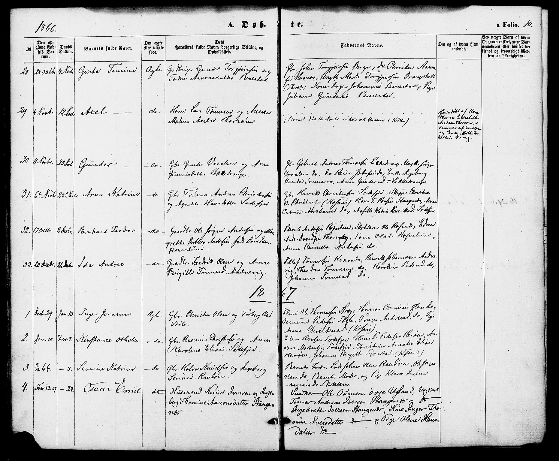 Oddernes sokneprestkontor, SAK/1111-0033/F/Fa/Fab/L0001: Parish register (official) no. A 1, 1865-1884, p. 10