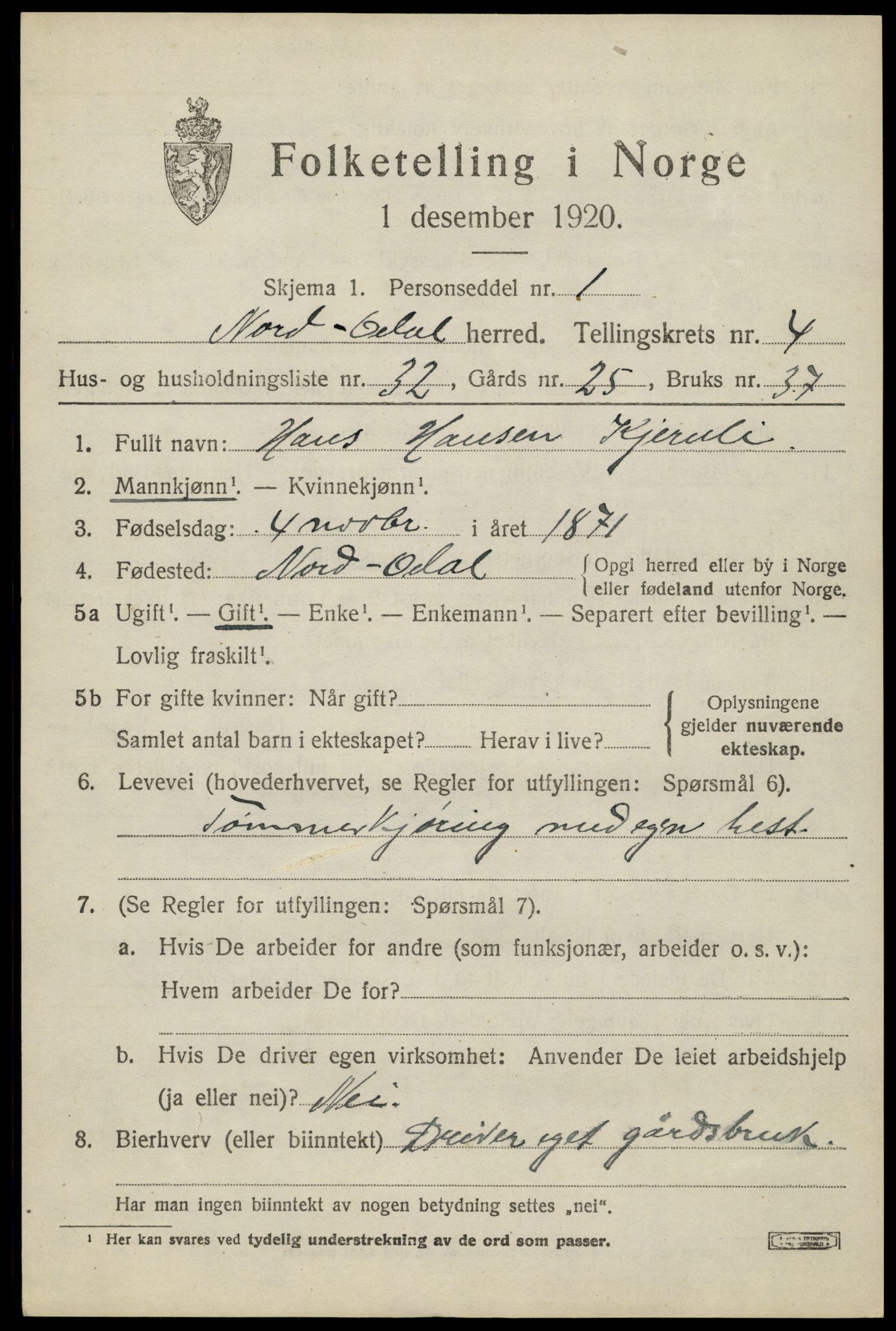 SAH, 1920 census for Nord-Odal, 1920, p. 5023