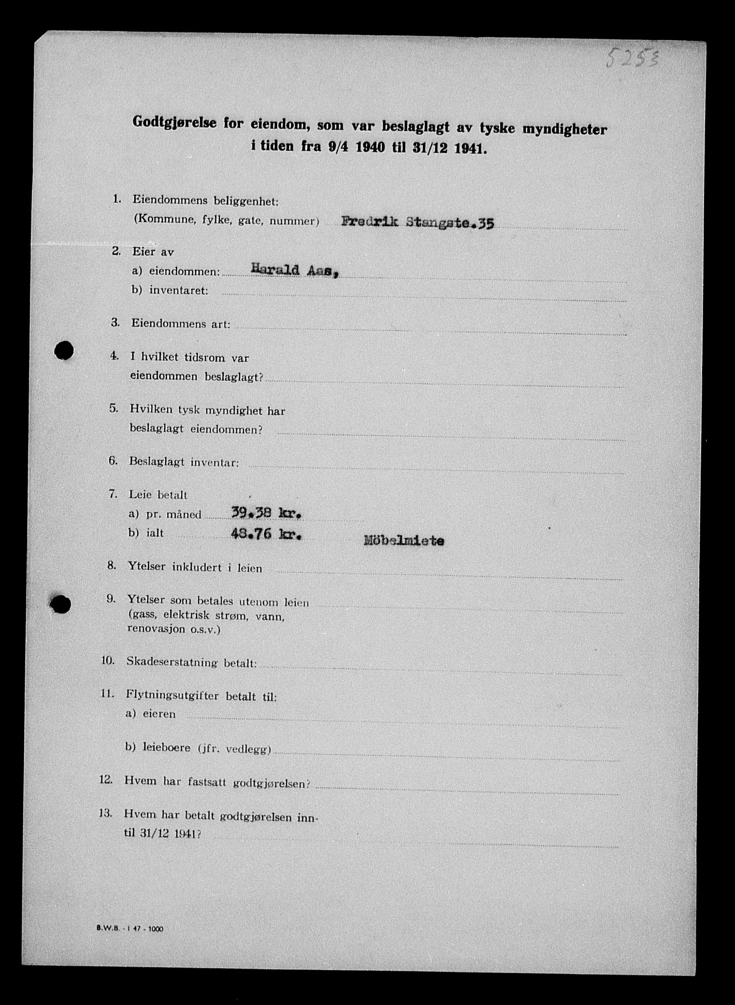 Justisdepartementet, Tilbakeføringskontoret for inndratte formuer, RA/S-1564/I/L1011: Godtgjørelse for beslaglagt eiendom, 1940-1941, p. 776