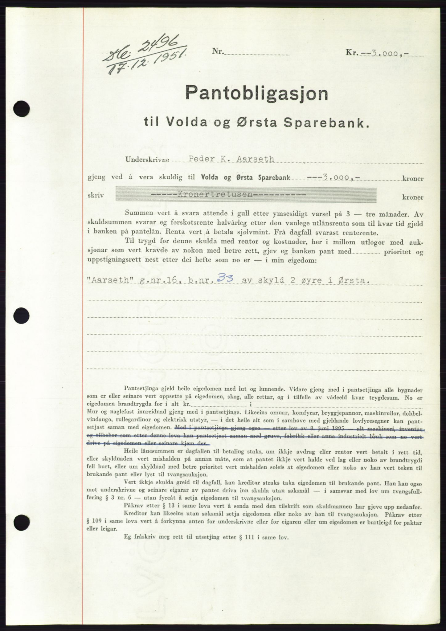 Søre Sunnmøre sorenskriveri, AV/SAT-A-4122/1/2/2C/L0121: Mortgage book no. 9B, 1951-1952, Diary no: : 2496/1951