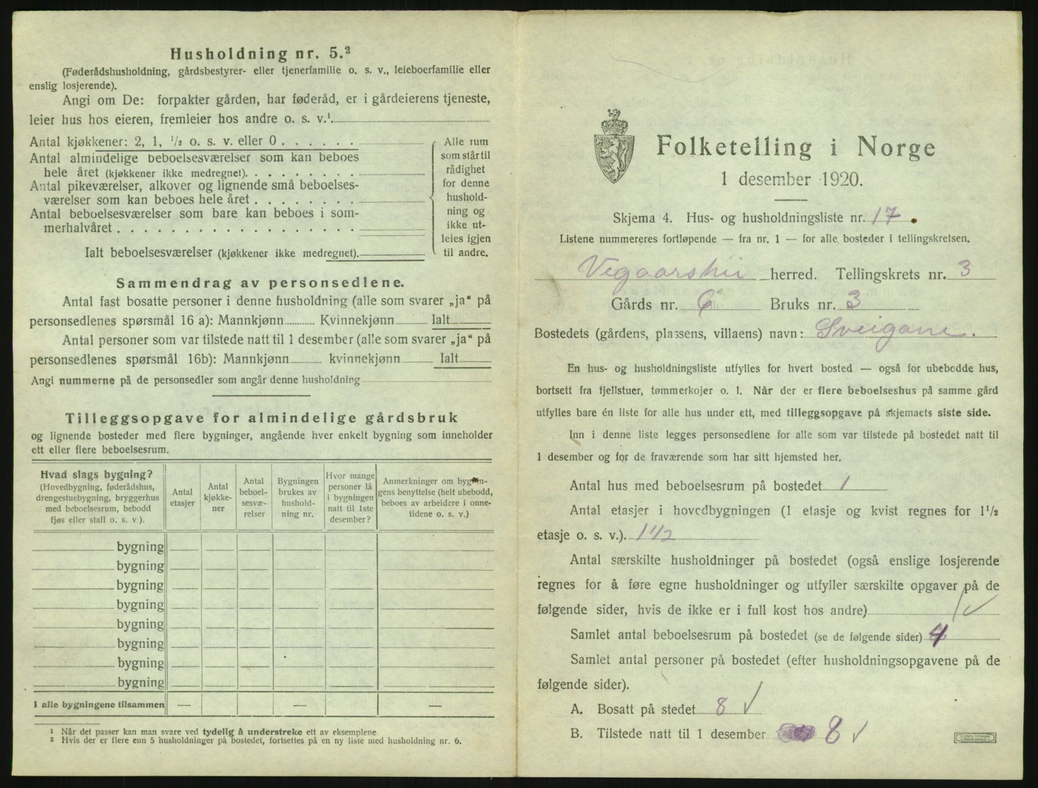 SAK, 1920 census for Vegårshei, 1920, p. 222