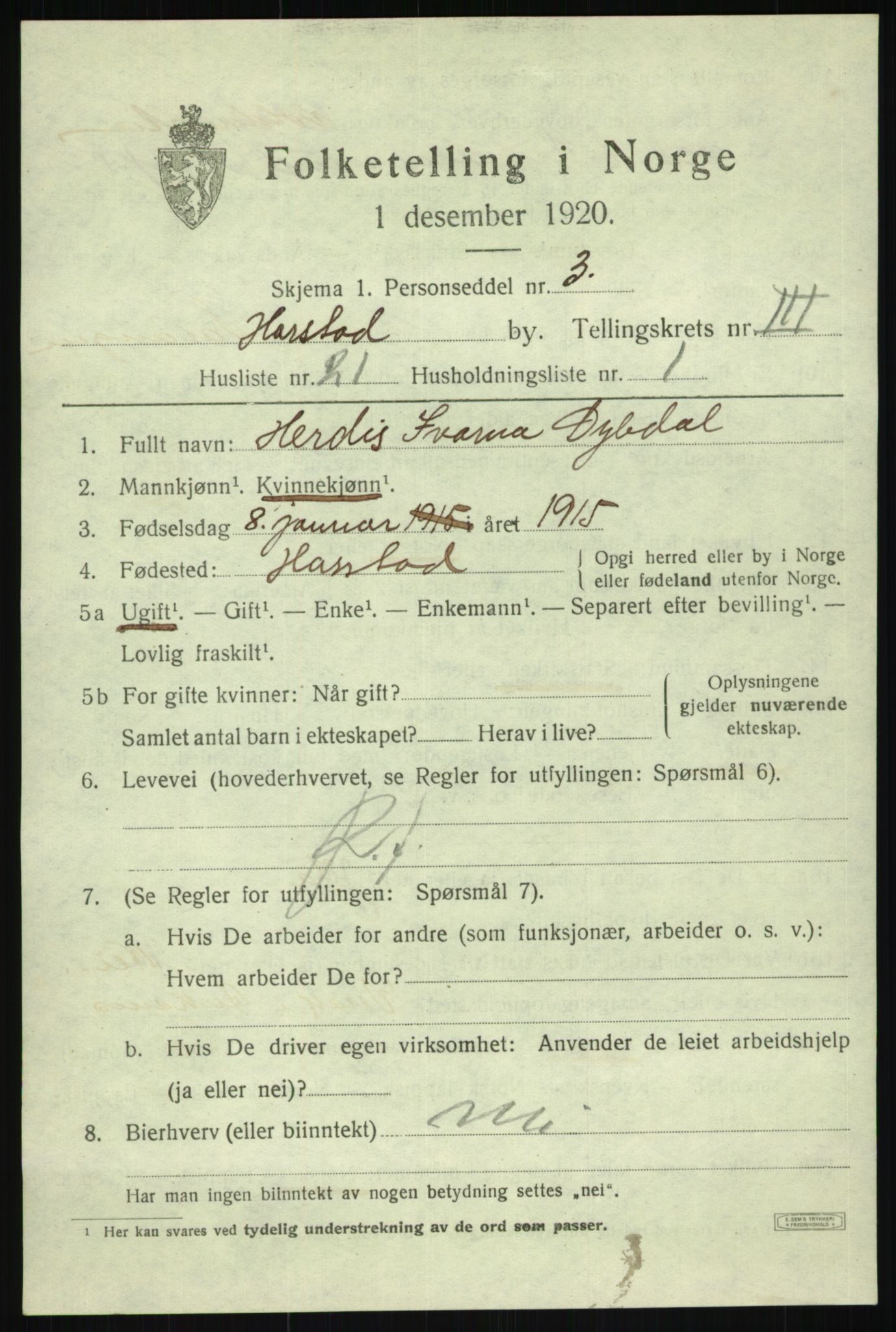 SATØ, 1920 census for Harstad, 1920, p. 4514