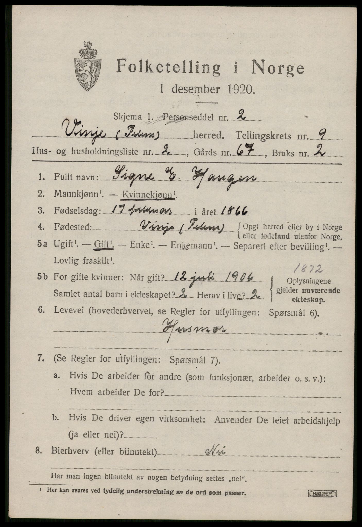 SAKO, 1920 census for Vinje, 1920, p. 2657