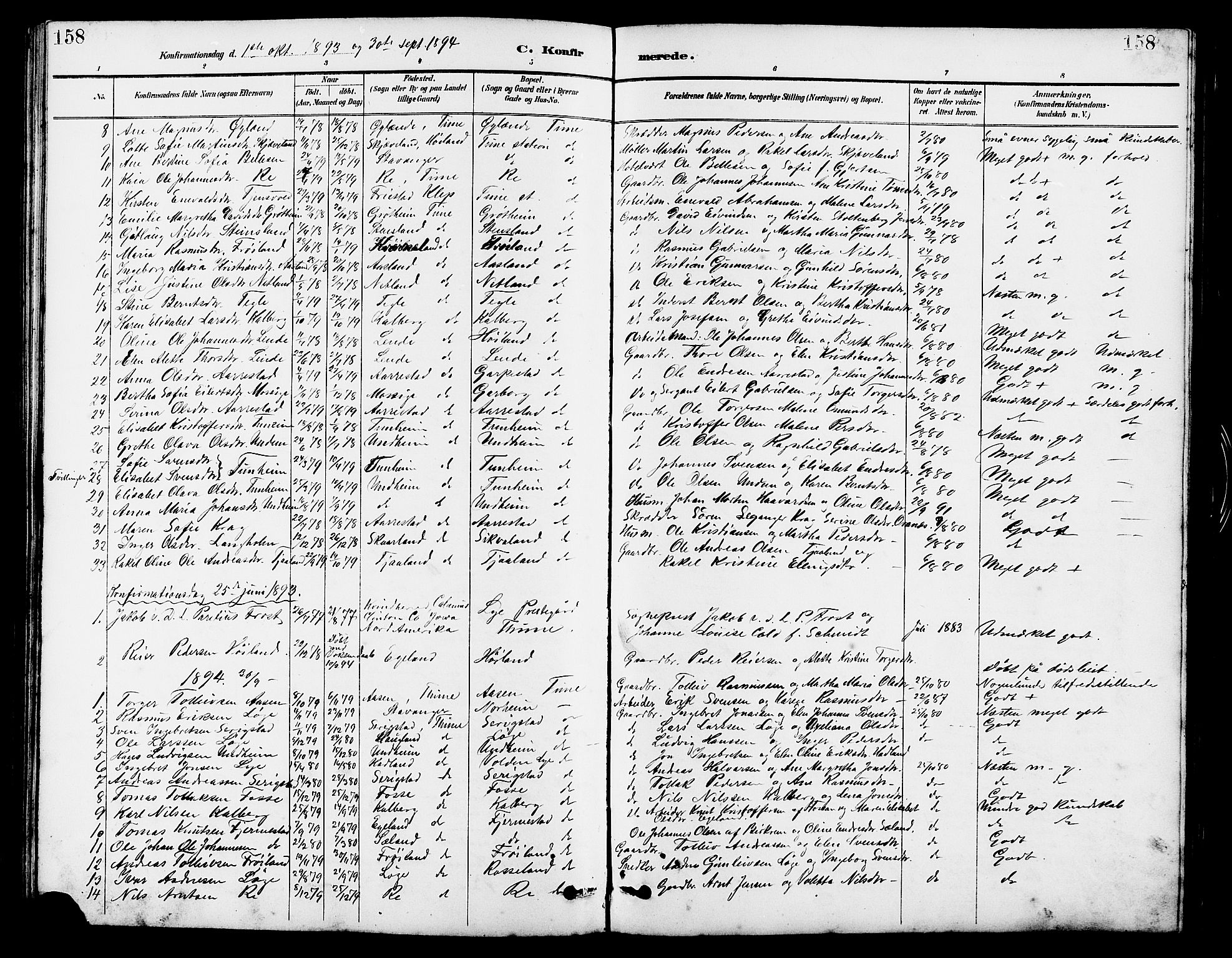 Lye sokneprestkontor, SAST/A-101794/001/30BB/L0007: Parish register (copy) no. B 8, 1889-1909, p. 158