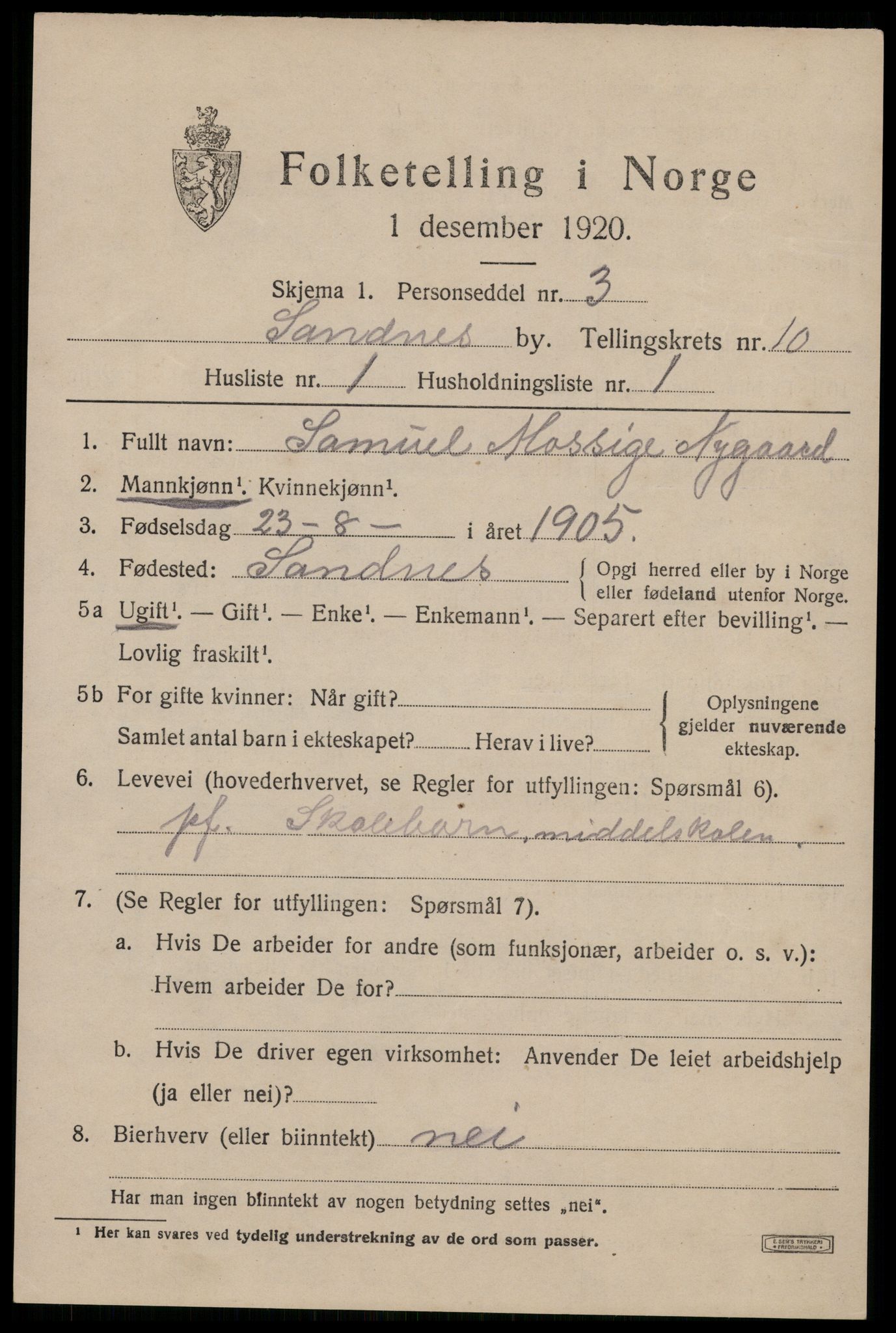 SAST, 1920 census for Sandnes, 1920, p. 6668