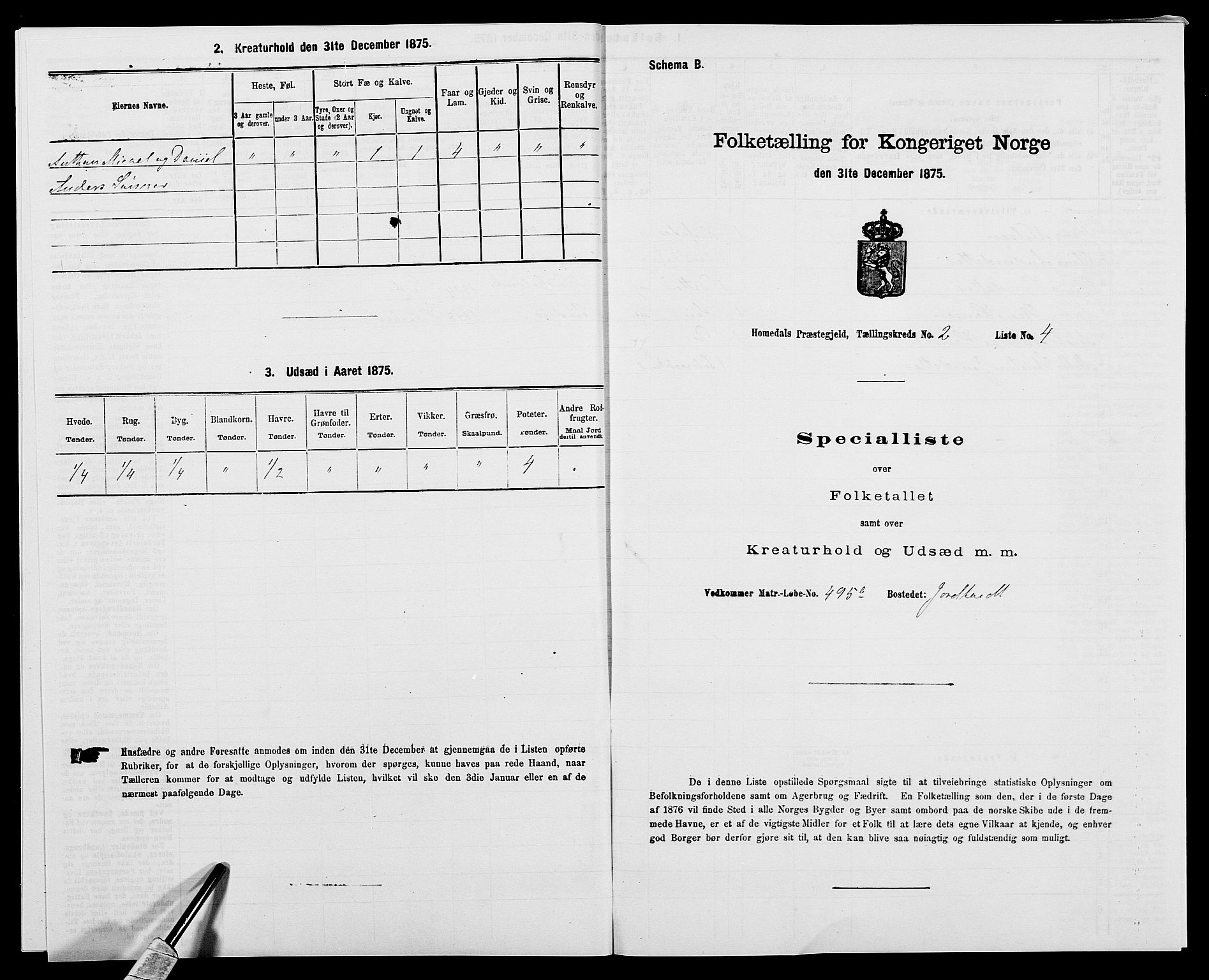 SAK, 1875 census for 0924P Homedal, 1875, p. 134