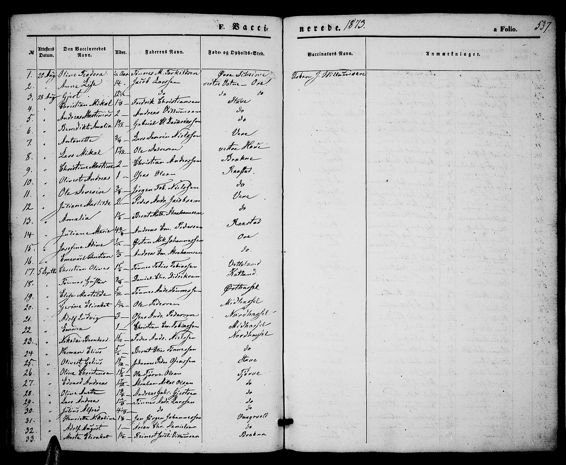 Lista sokneprestkontor, SAK/1111-0027/F/Fb/L0003: Parish register (copy) no. B 3, 1862-1877, p. 537