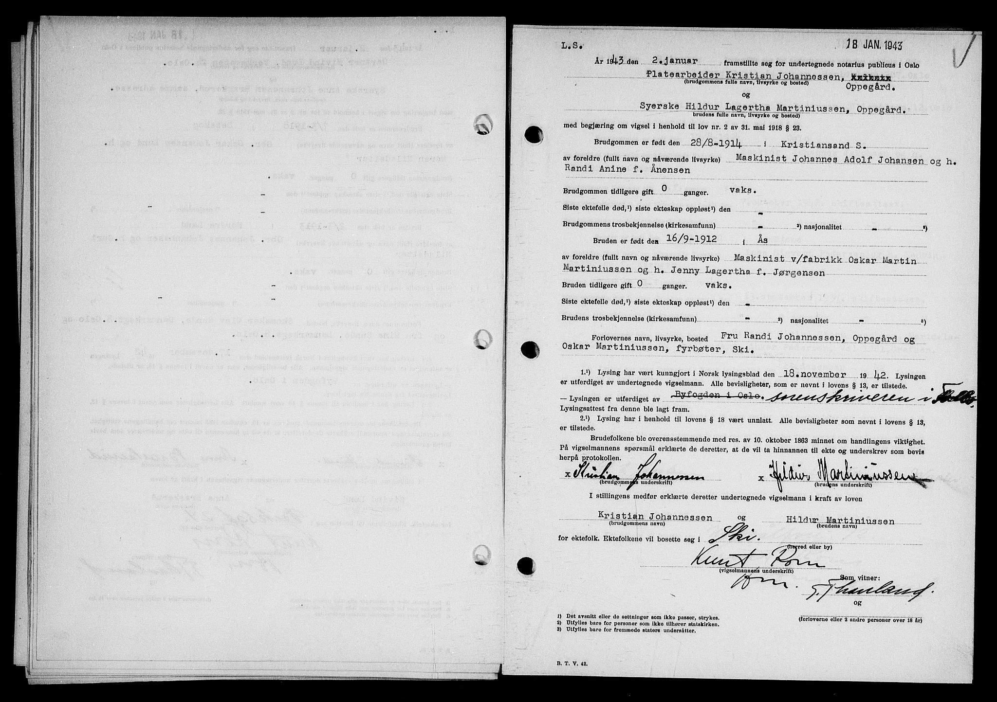 Oslo byfogd avd. I, AV/SAO-A-10220/L/Lb/Lbb/L0043: Notarialprotokoll, rekke II: Vigsler, 1943