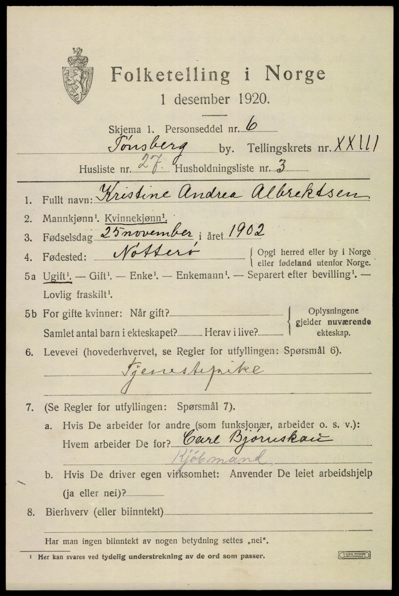 SAKO, 1920 census for Tønsberg, 1920, p. 33163