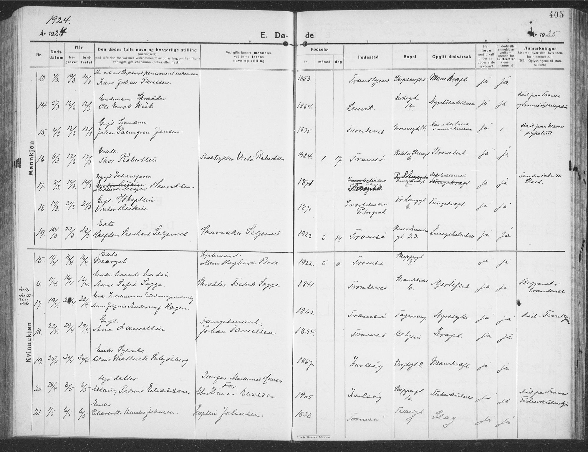 Tromsø sokneprestkontor/stiftsprosti/domprosti, SATØ/S-1343/G/Gb/L0010klokker: Parish register (copy) no. 10, 1925-1937, p. 405