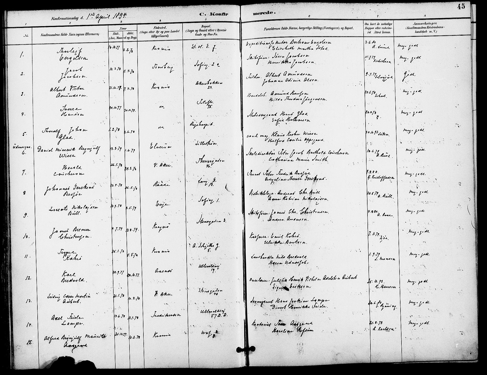 Gamle Aker prestekontor Kirkebøker, SAO/A-10617a/F/L0009: Parish register (official) no. 9, 1890-1898, p. 45