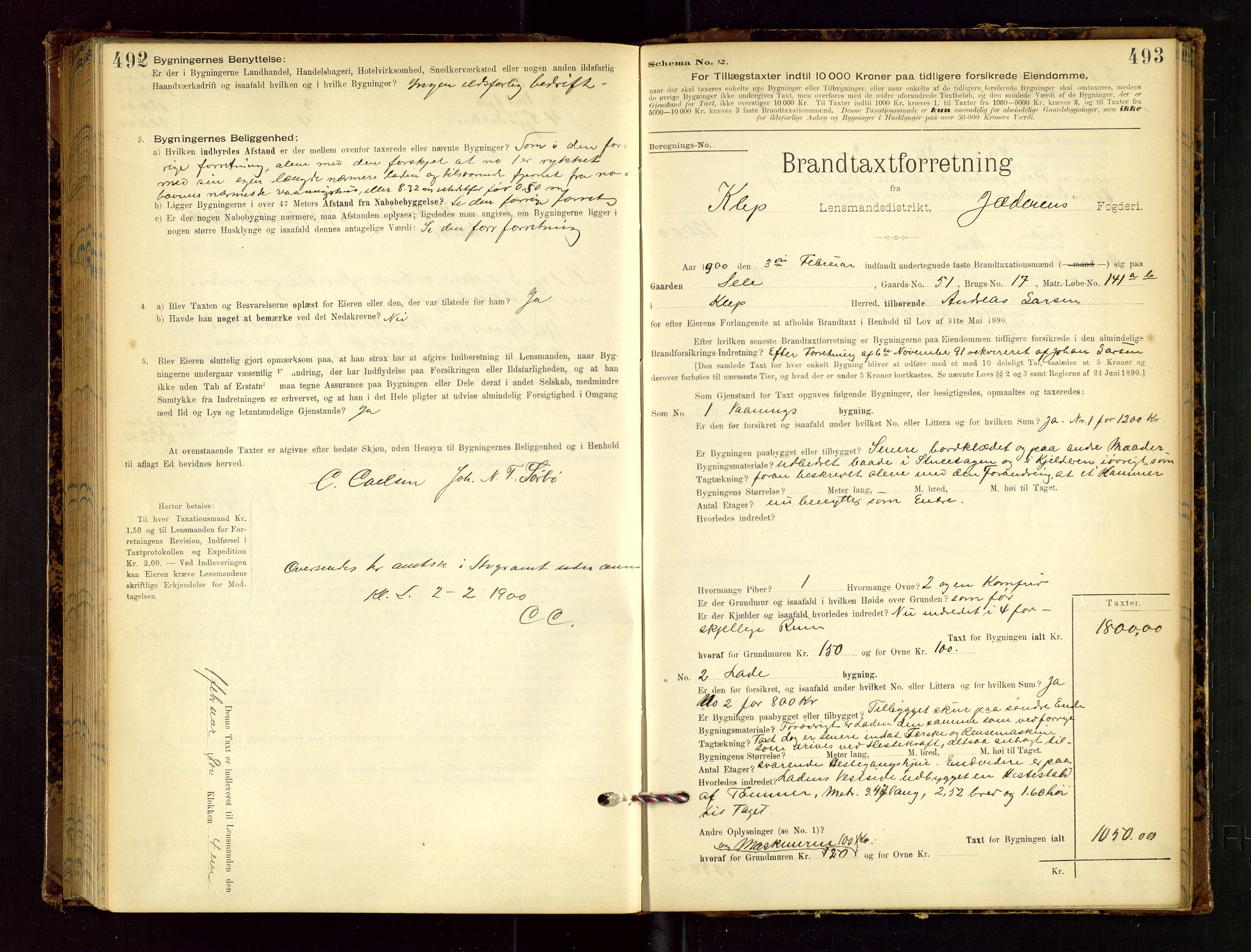 Klepp lensmannskontor, AV/SAST-A-100163/Goc/L0002: "Brandtaxationsprotokol" m/register, 1898-1902, p. 492-493