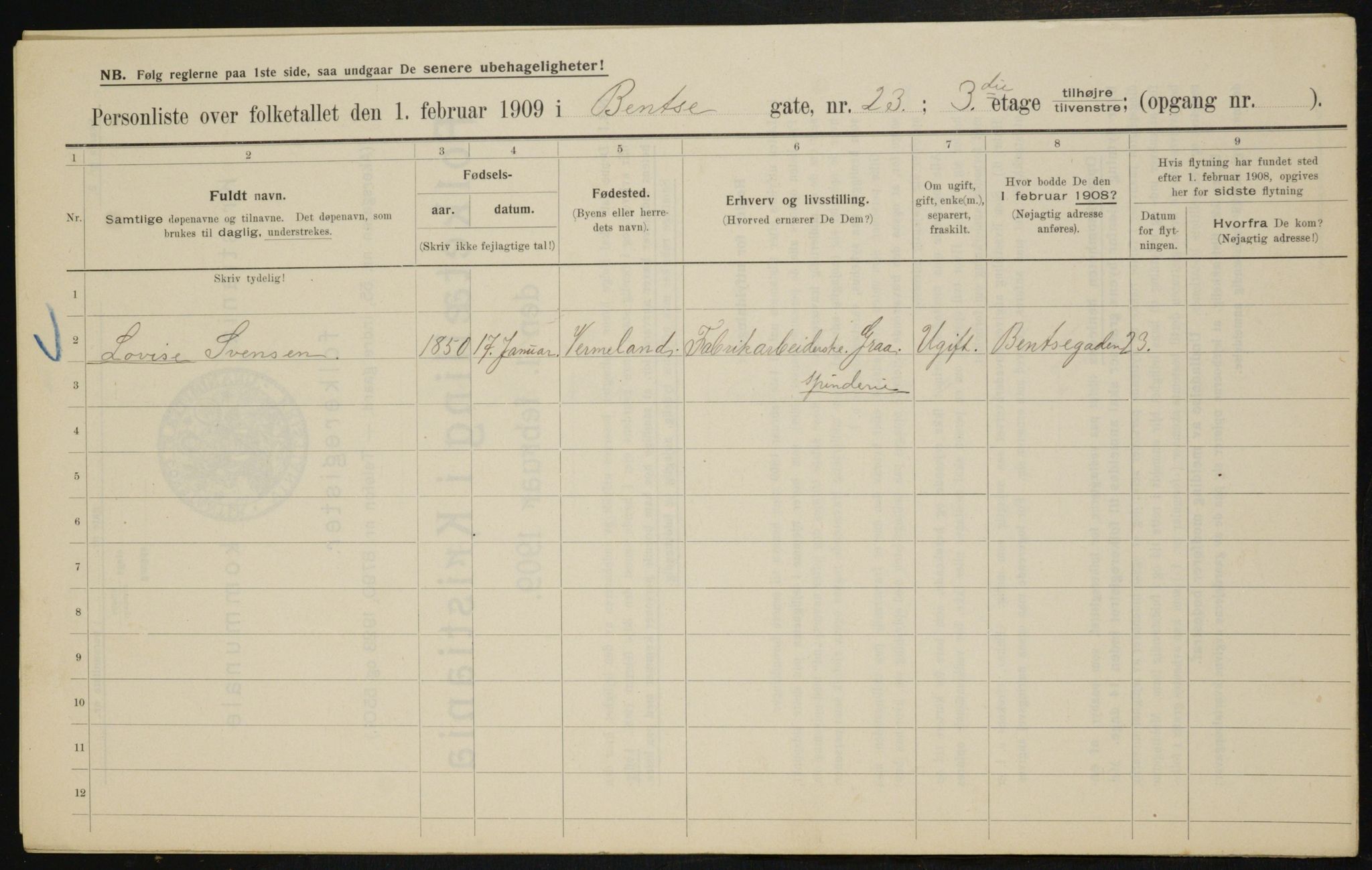OBA, Municipal Census 1909 for Kristiania, 1909, p. 3420