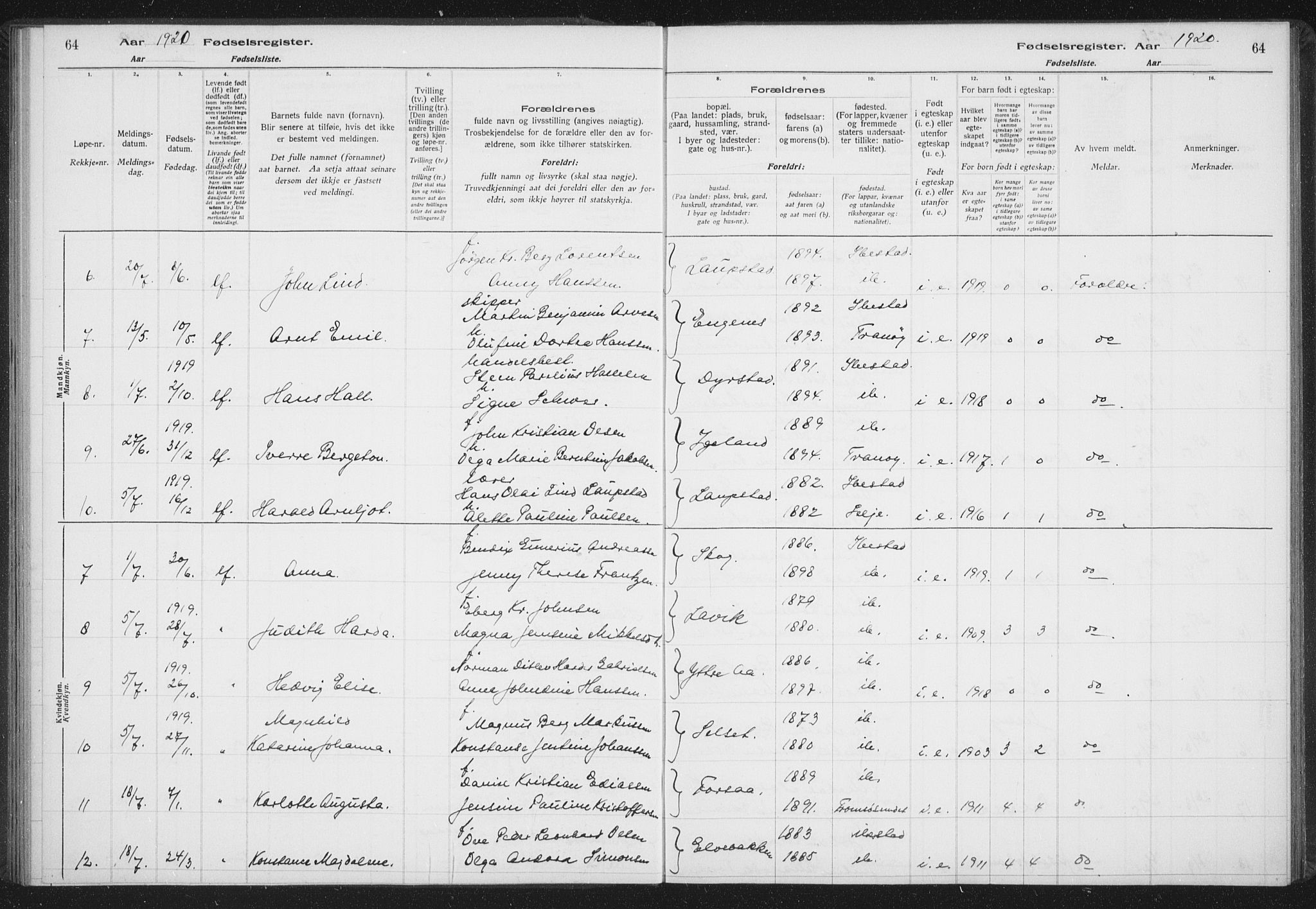 Ibestad sokneprestembete, SATØ/S-0077/I/Ic/L0061: Birth register no. 61, 1917-1929, p. 64