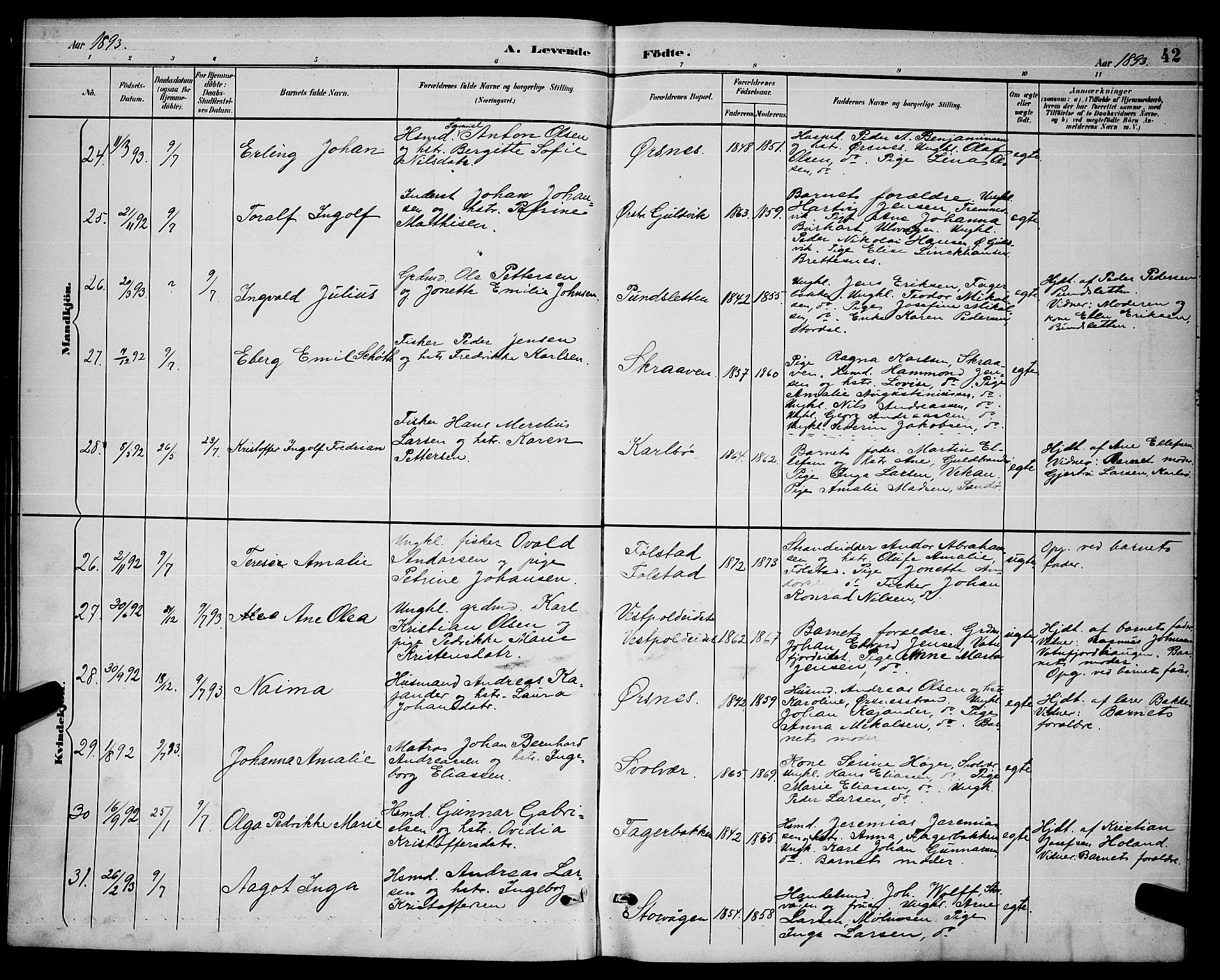 Ministerialprotokoller, klokkerbøker og fødselsregistre - Nordland, AV/SAT-A-1459/874/L1077: Parish register (copy) no. 874C06, 1891-1900, p. 42