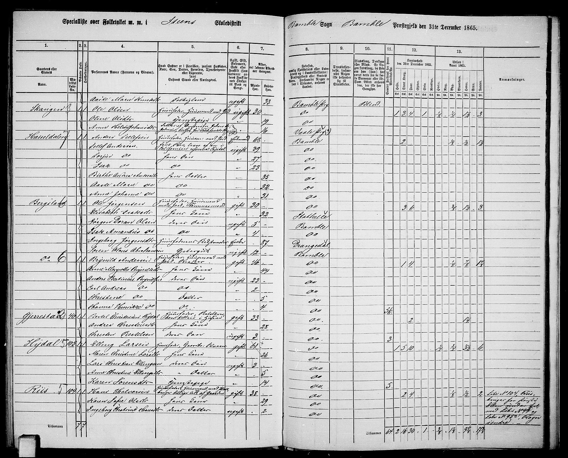 RA, 1865 census for Bamble, 1865, p. 175