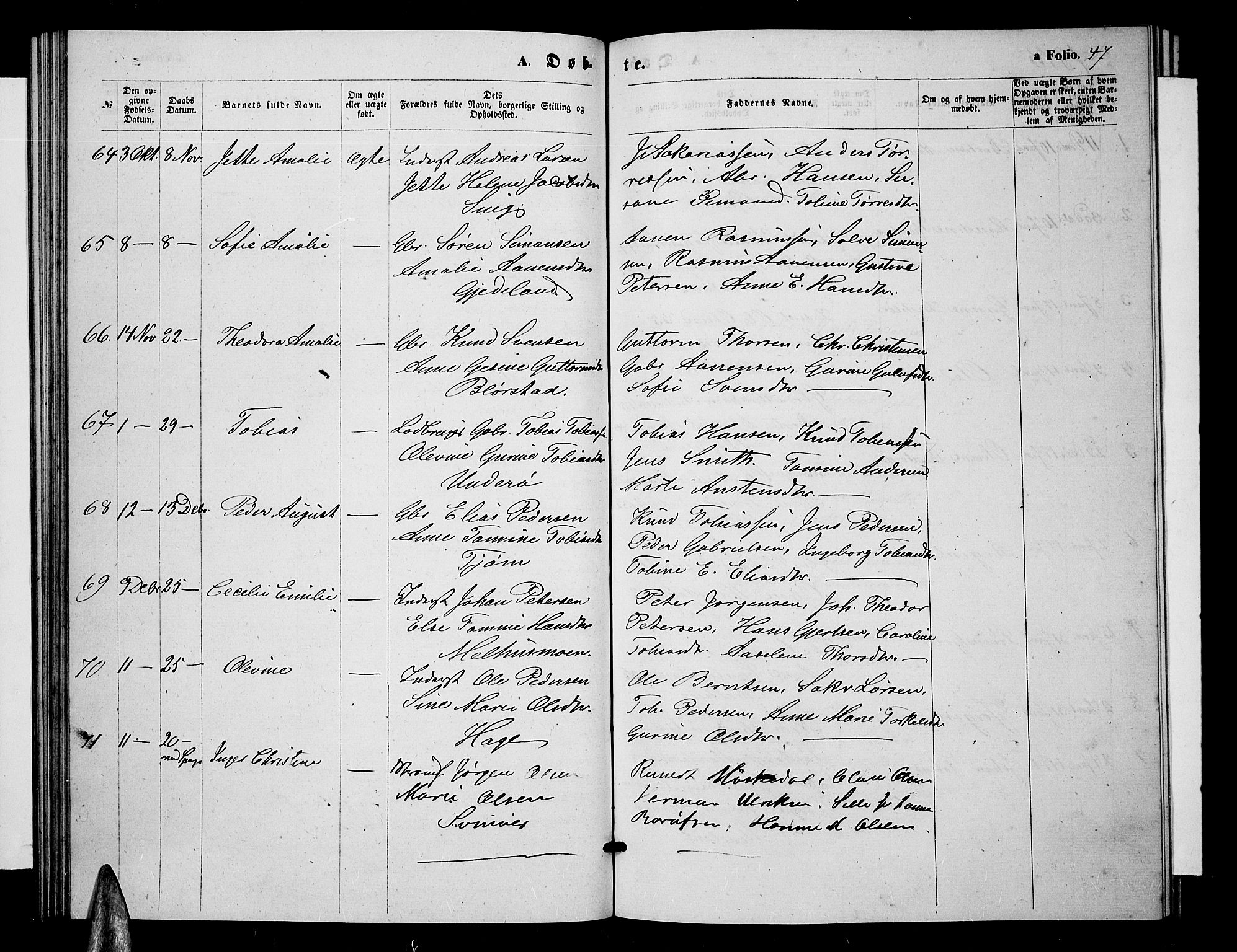 Sør-Audnedal sokneprestkontor, SAK/1111-0039/F/Fb/Fbb/L0004: Parish register (copy) no. B 4, 1868-1879, p. 47