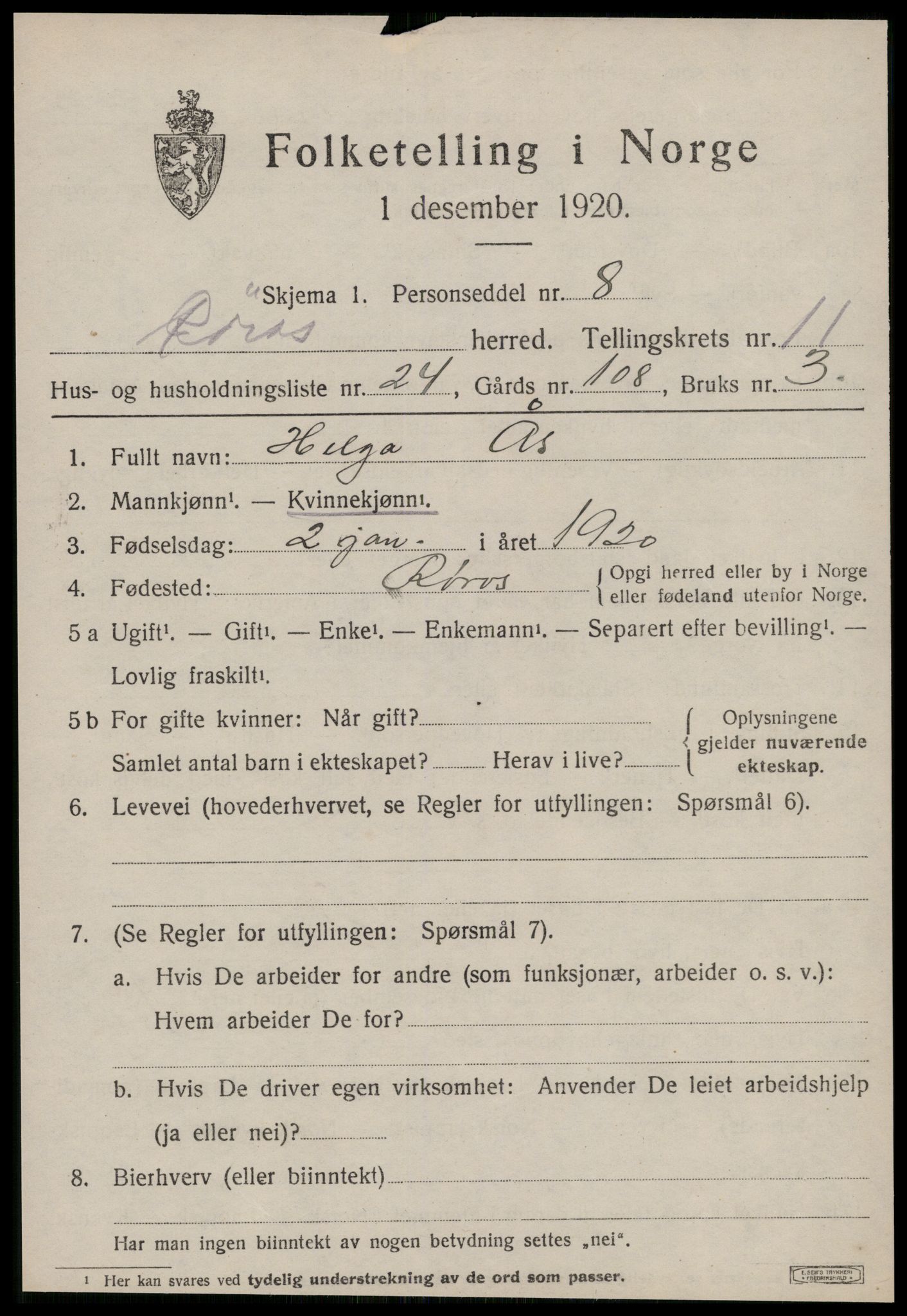 SAT, 1920 census for Røros, 1920, p. 8896